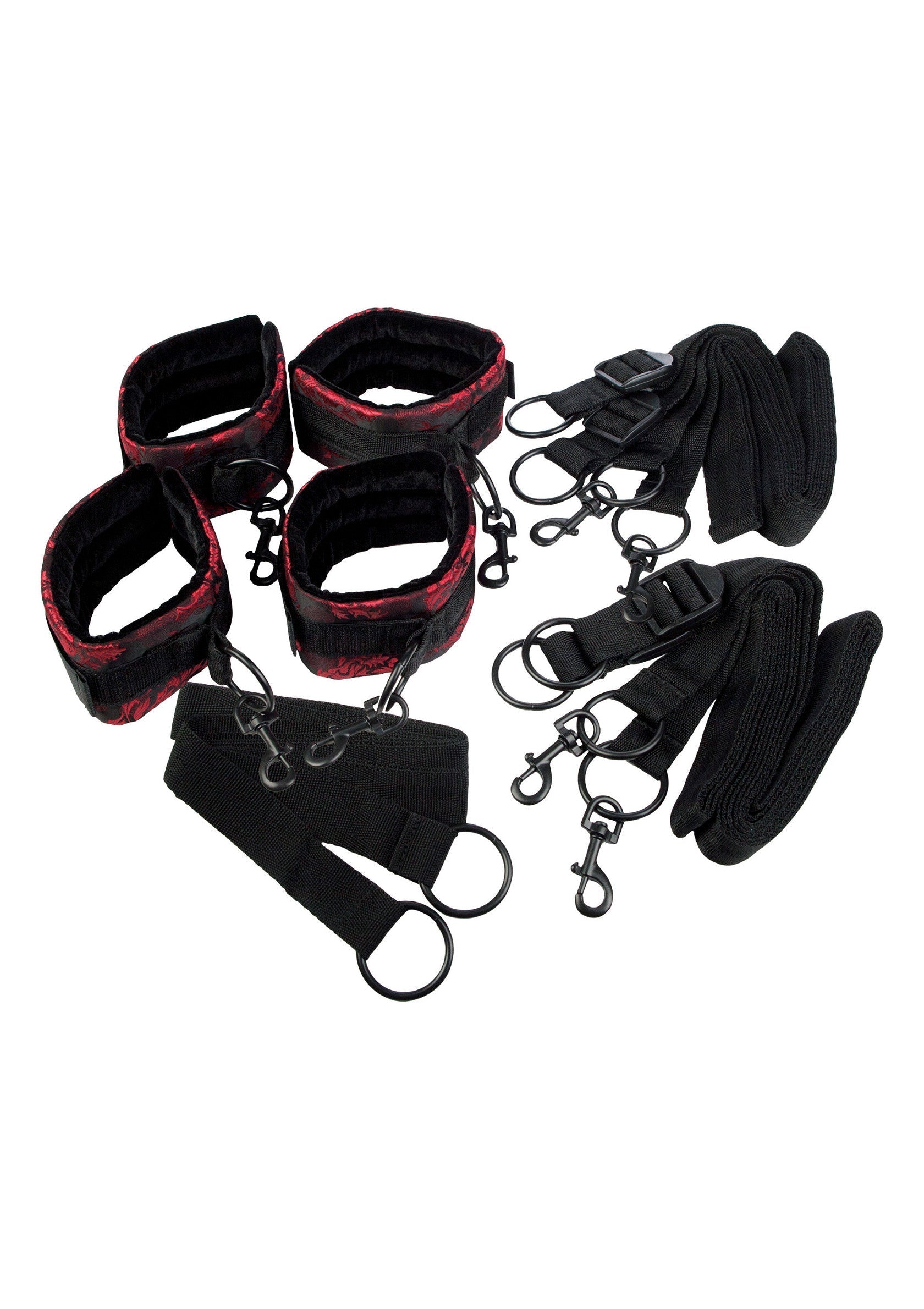 Ensemble de menottes et entraves avec sangles. Accessoires pour jeux coquins.; Set van handboeien en voetboeien met riemen. Accessoires voor ondeugende spelletjes.; Set of cuffs & restraints w/ straps. Accessories for kinky roleplay & fun.