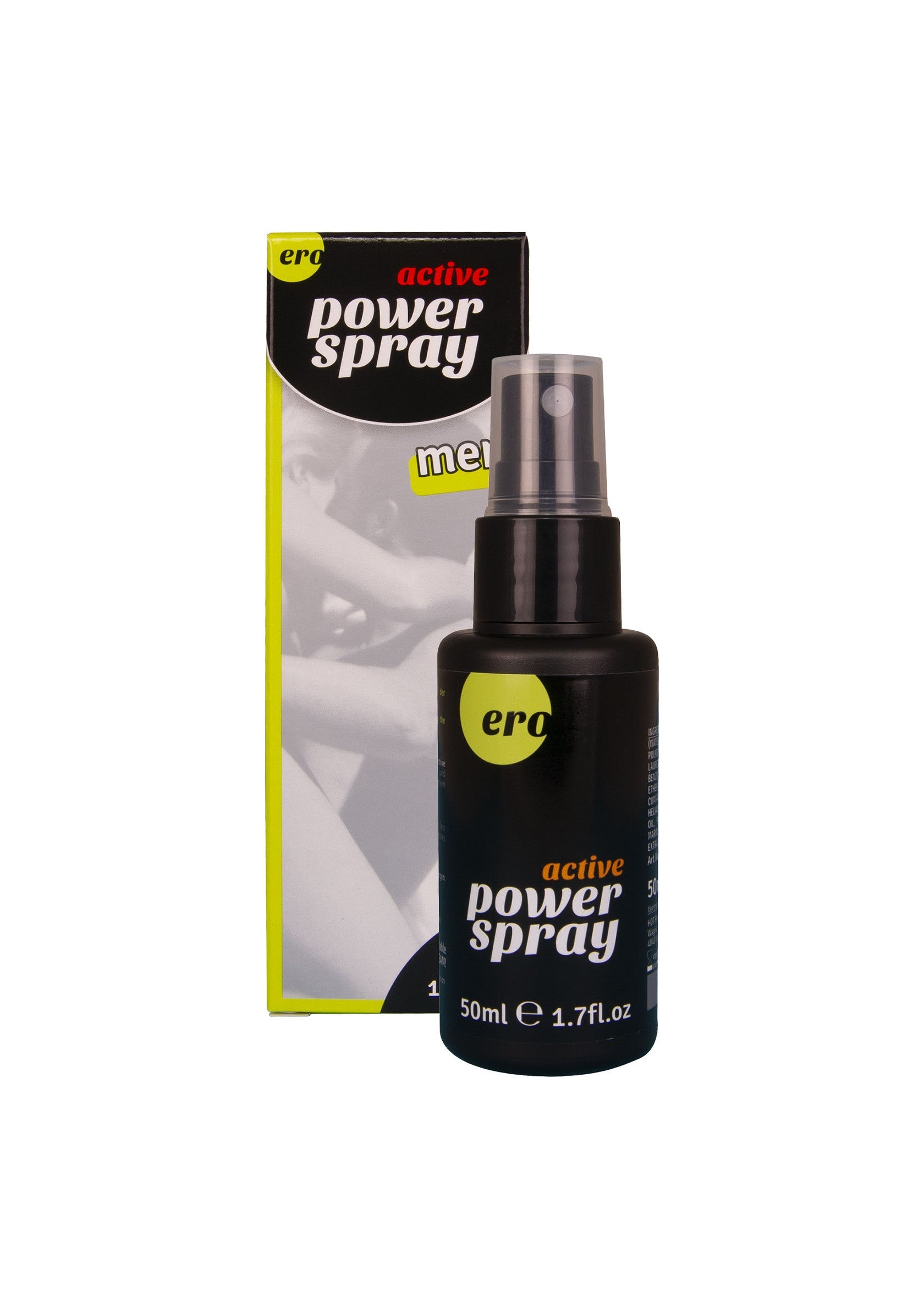 Spray de puissance ERO Active pour hommes. Retarde l'éjaculation et prolonge le plaisir.; ERO Active Power Spray voor mannen. Vertraagt ejaculatie en verlengt het plezier.; ERO Active Power Spray for men. Delays ejaculation and extends pleasure.