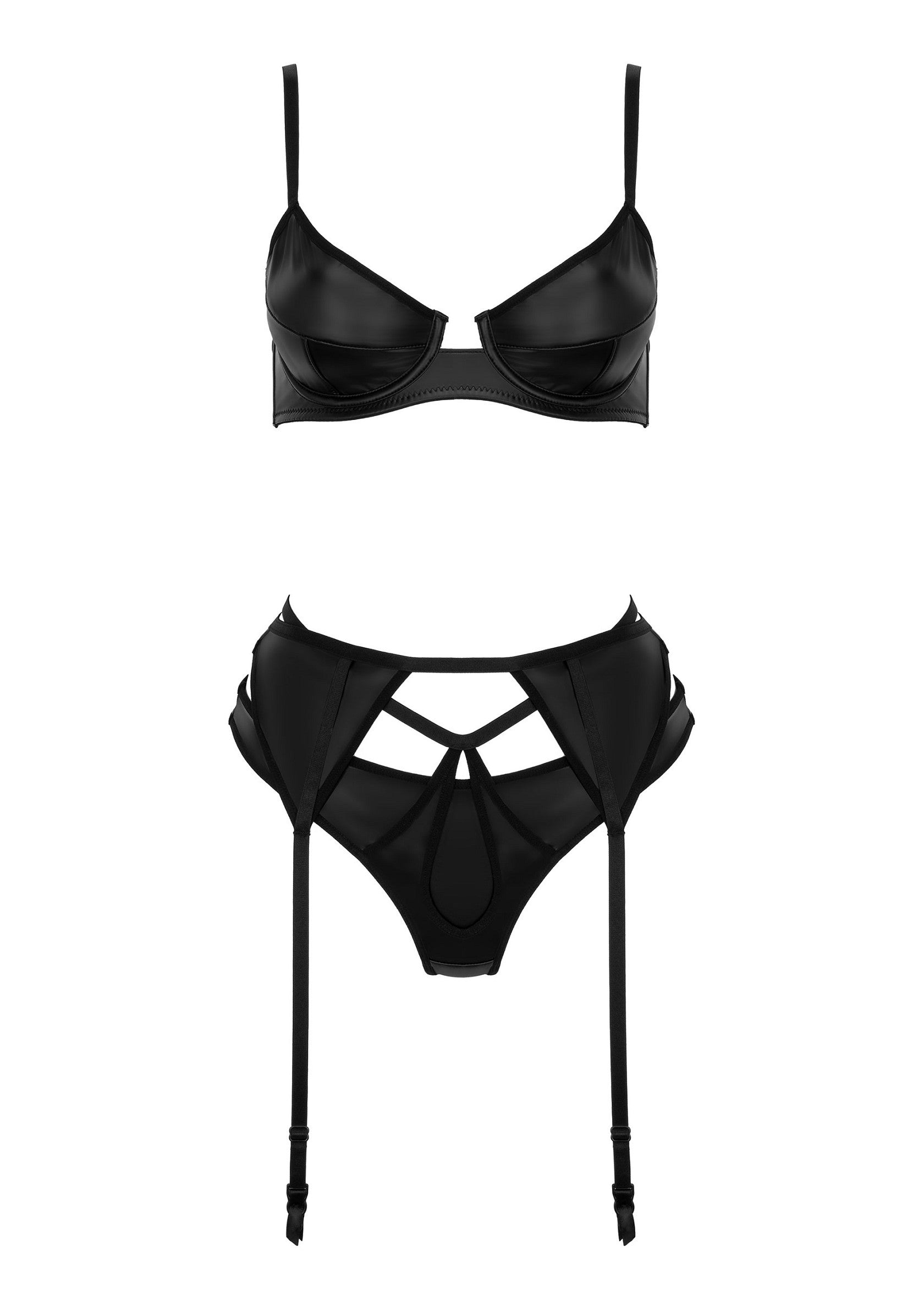 Ensemble de lingerie noir : soutien-gorge et porte-jarretelles élégant.; Zwarte lingerie set: beha en elegante jarretelgordel.; Black lingerie set: bra and elegant garter belt.