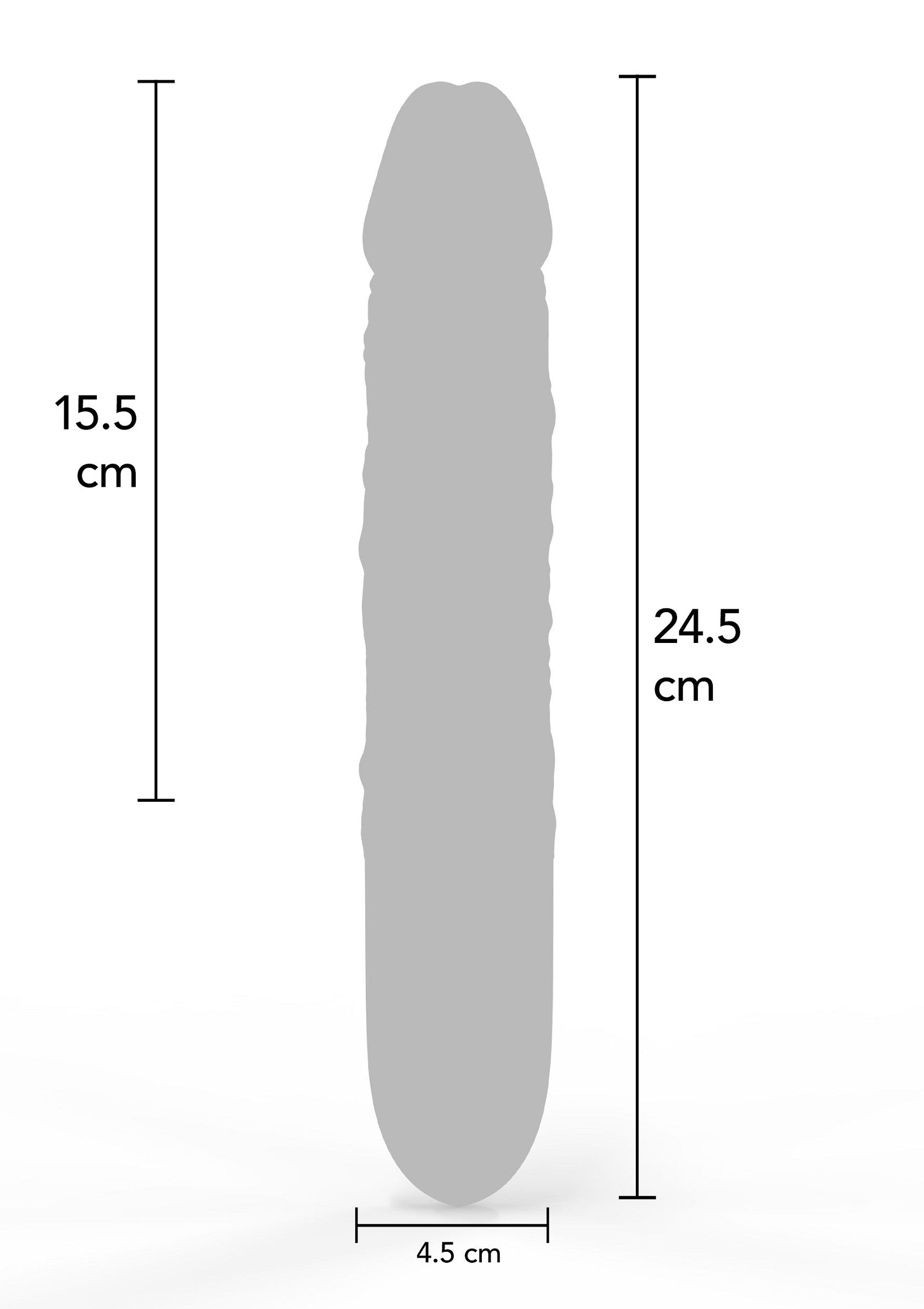 Schéma technique d'un gode avec dimensions : 24,5 cm de long, 4,5 cm de large et section de 15,5 cm. ; Technische tekening van een dildo met afmetingen: 24,5 cm lang, 4,5 cm breed en een doorsnede van 15,5 cm.; Technical drawing of a dildo with dimensions: 24.5 cm long, 4.5 cm wide and a section of 15.5 cm.