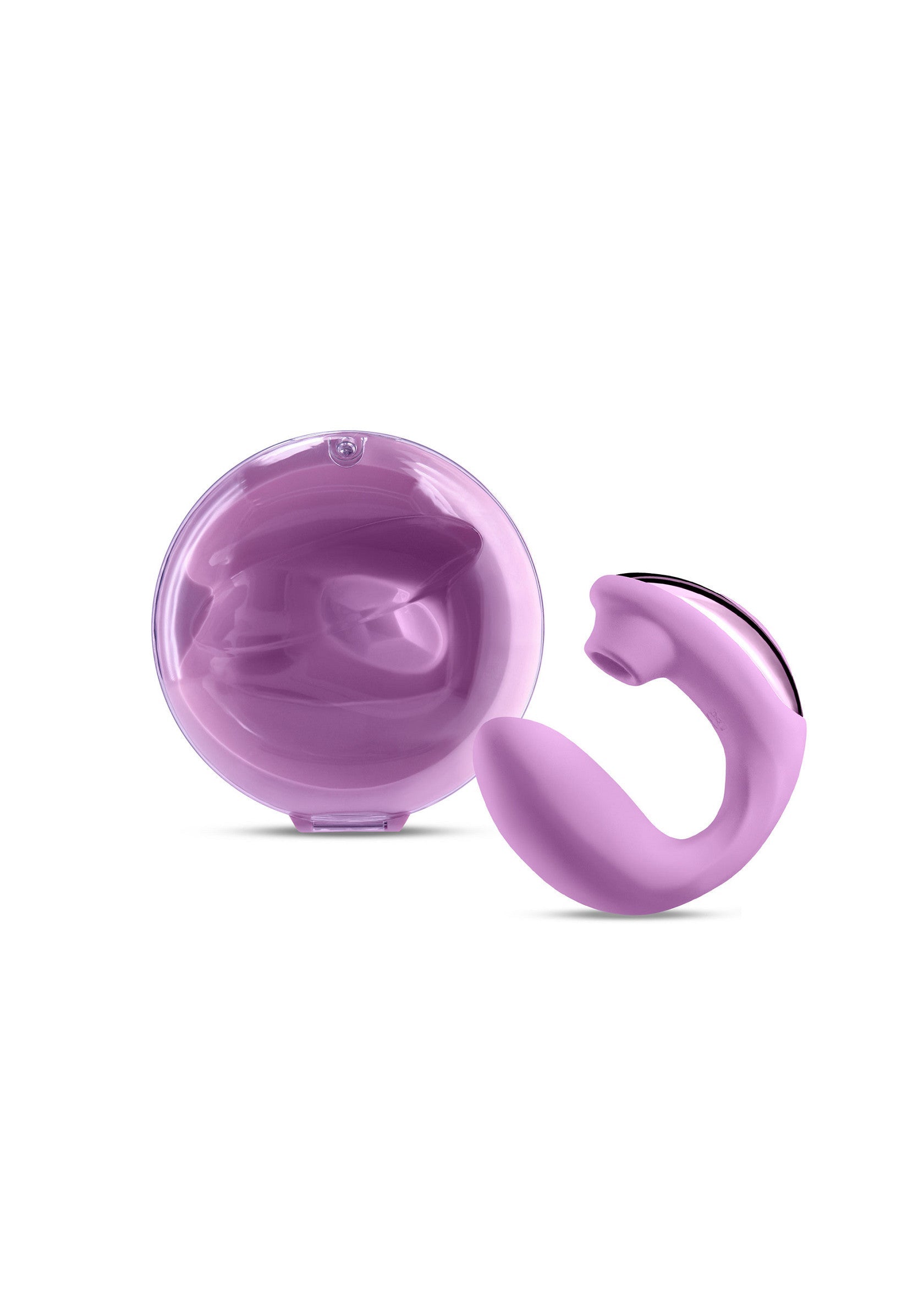 Vibromasseur clitoridien violet innovant et sa boîte de rangement sphérique.; Paarse clitorisstimulator met een innovatief ontwerp en sferische opbergdoos.; Innovative purple clitoral stimulator with its spherical storage box.