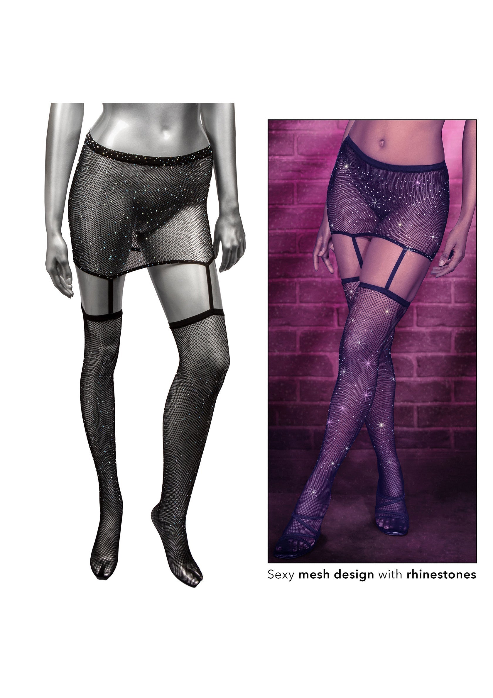 Mini-jupe et bas résille sexy avec strass brillants pour une allure séduisante et élégante.; Sexy mesh minirok en kousen met strass steentjes voor een verleidelijke en elegante uitstraling.; Sexy mesh mini skirt and stockings with rhinestone accents for a seductive and elegant look.