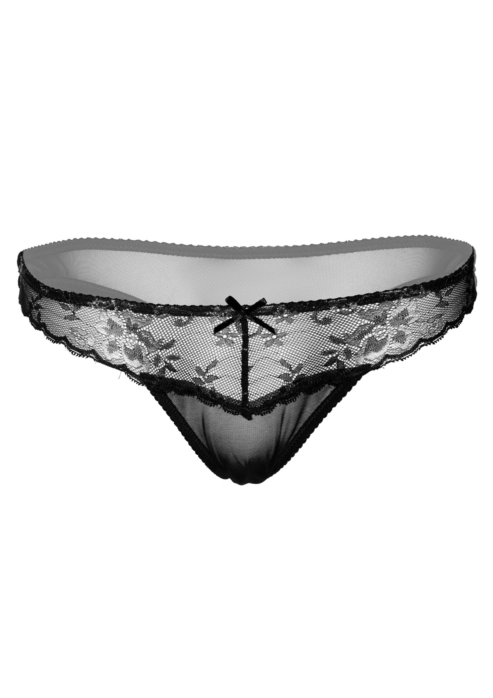 Culotte noire en dentelle florale avec nœud papillon, lingerie élégante et séduisante.; Zwarte kanten slip met bloemmotief en strikje, elegante en verleidelijke lingerie.; Black floral lace thong with bow, elegant and seductive lingerie.