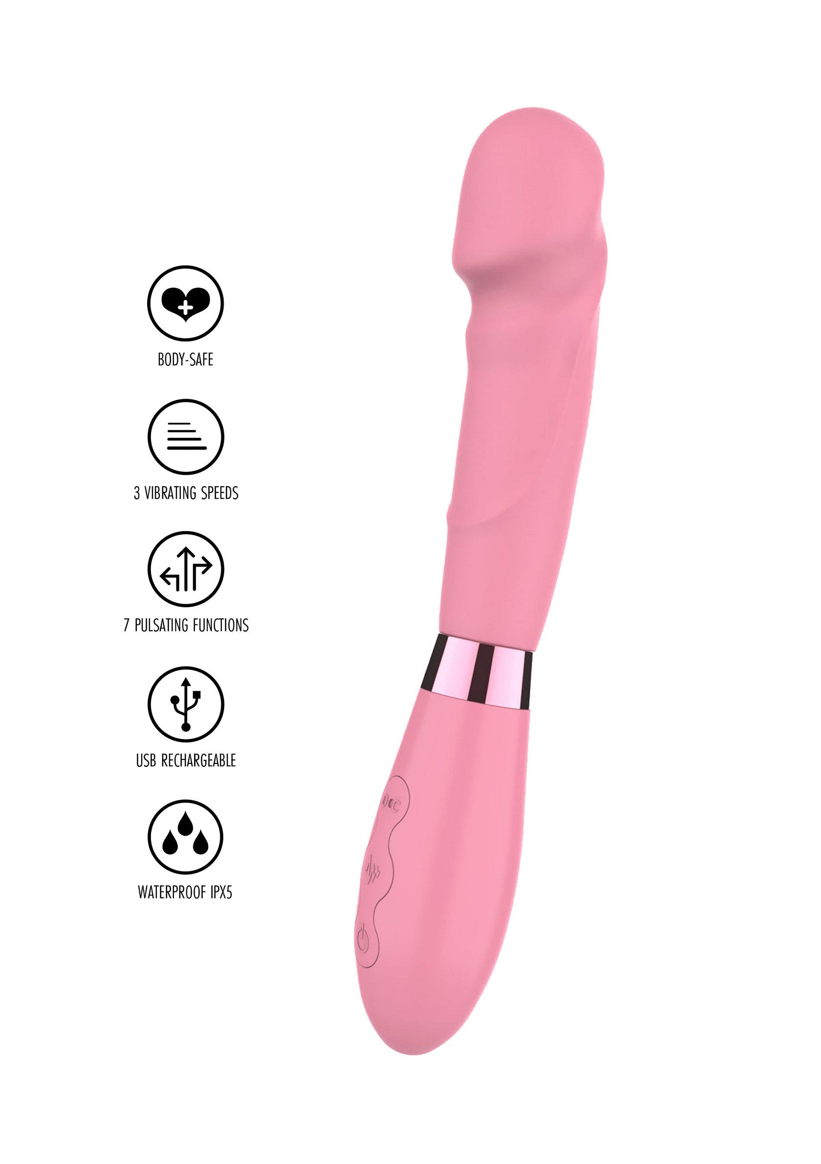 Vibromasseur rose avec 3 vitesses et 7 fonctions, rechargeable USB et étanche.; Roze vibrator met 3 snelheden en 7 functies, USB oplaadbaar en waterdicht.; Pink vibrator with 3 speeds and 7 functions, USB rechargeable and waterproof.