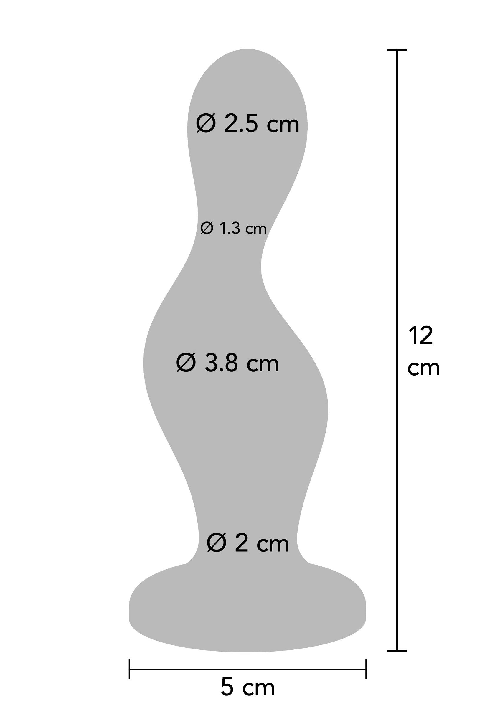 Schéma technique d'un plug anal avec dimensions (hauteur 12cm, diamètre 2.5cm, 1.3cm, 3.8cm, 2cm, largeur base 5cm); Technische tekening van een anale plug met afmetingen (hoogte 12cm, diameter 2.5cm, 1.3cm, 3.8cm, 2cm, basisbreedte 5cm); Technical drawing of an anal plug with dimensions (height 12cm, diameter 2.5cm, 1.3cm, 3.8cm, 2cm, base width 5cm)