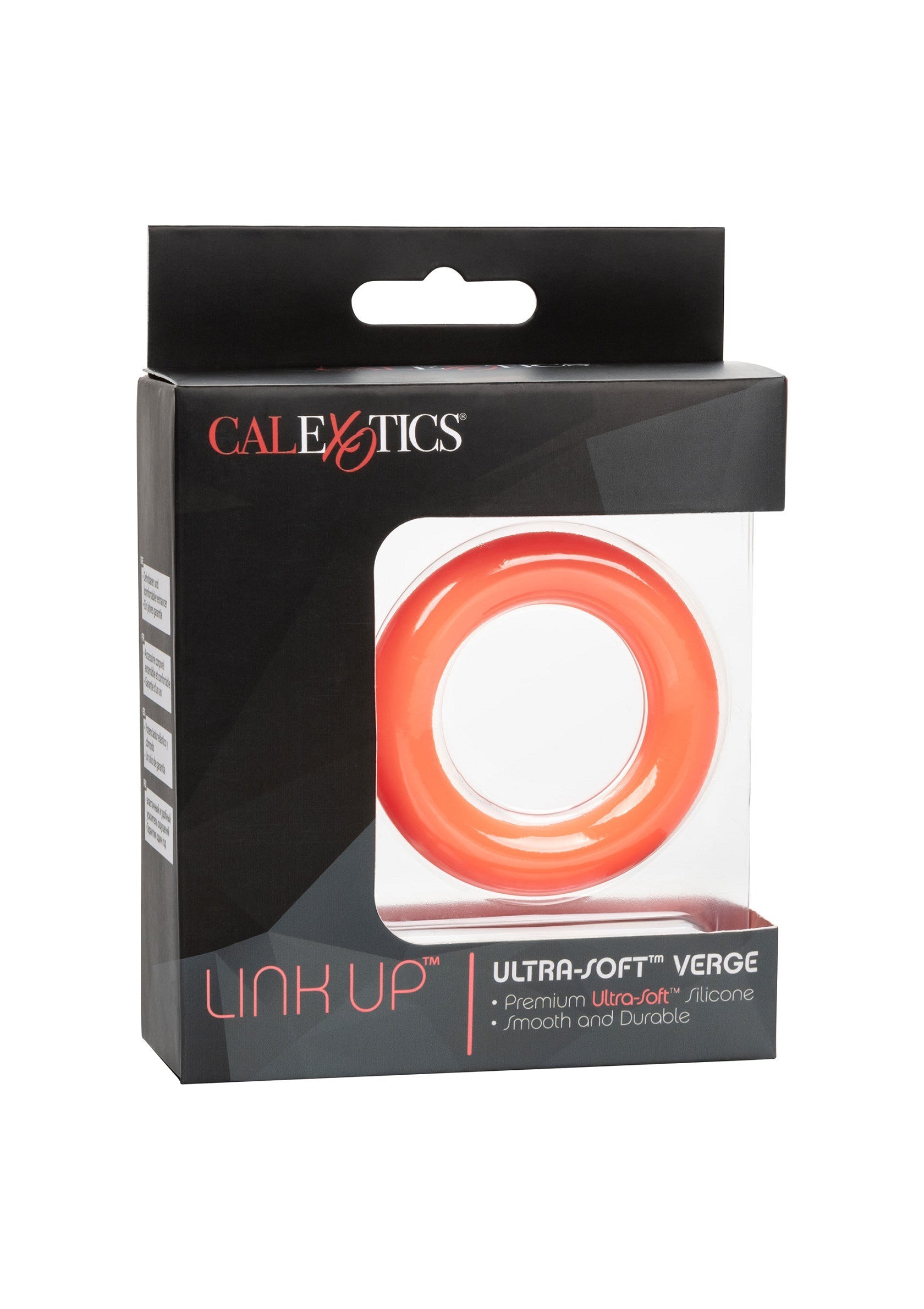 CalExotics Link Up Verge : Anneau pénien ultra-doux en silicone de qualité supérieure pour une expérience durable.; CalExotics Link Up Verge: Ultra-zachte penisring van premium silicone voor een duurzame ervaring.; CalExotics Link Up Verge: Ultra-soft premium silicone cock ring for a smooth, durable experience.