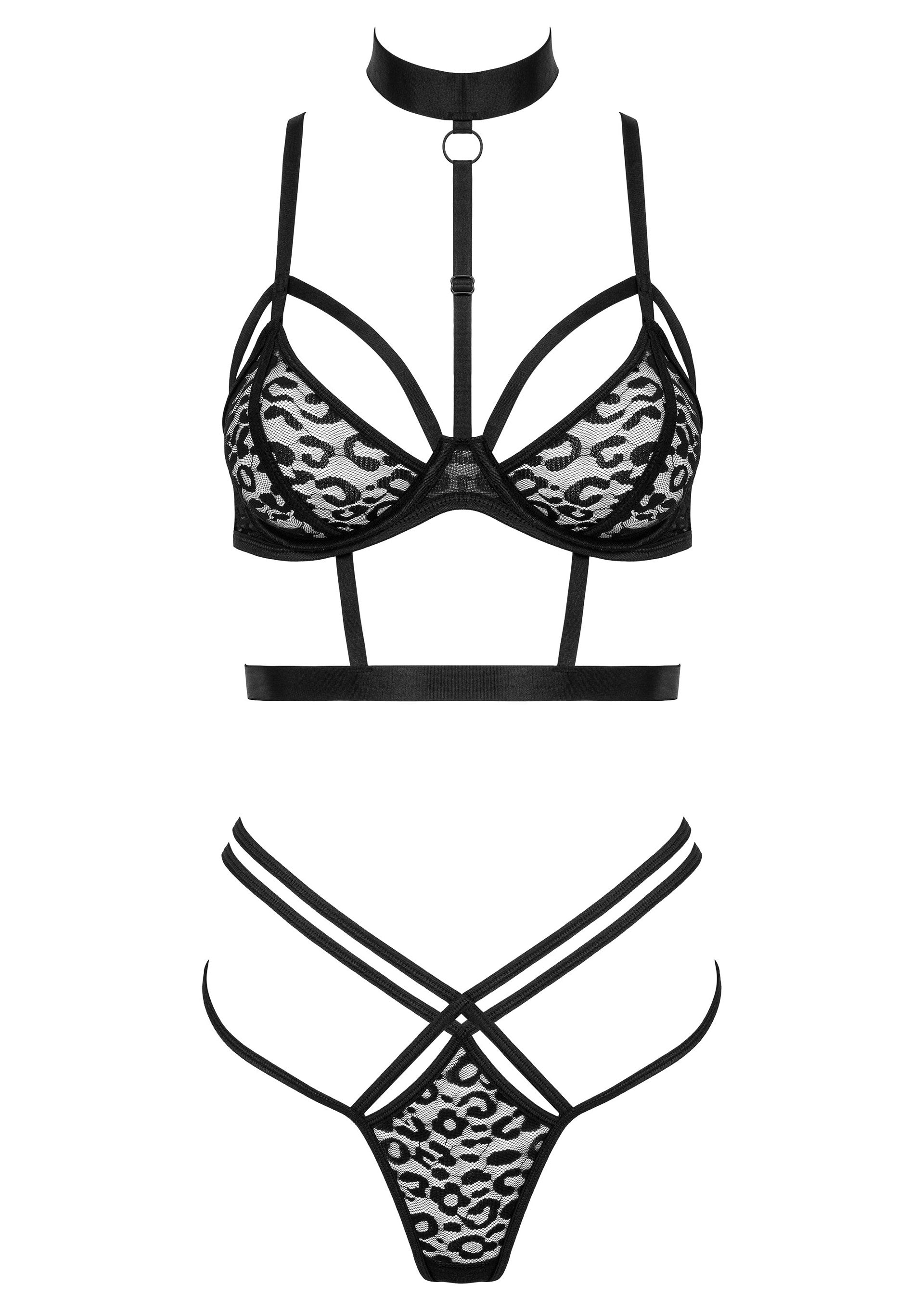 Ensemble de lingerie noir avec soutien-gorge et culotte à motifs léopard. Sexy et élégant.; Zwarte lingerie set met luipaardprint bh en string. Sexy en elegant.; Black lingerie set featuring a leopard print bra and panty. Sexy and elegant.