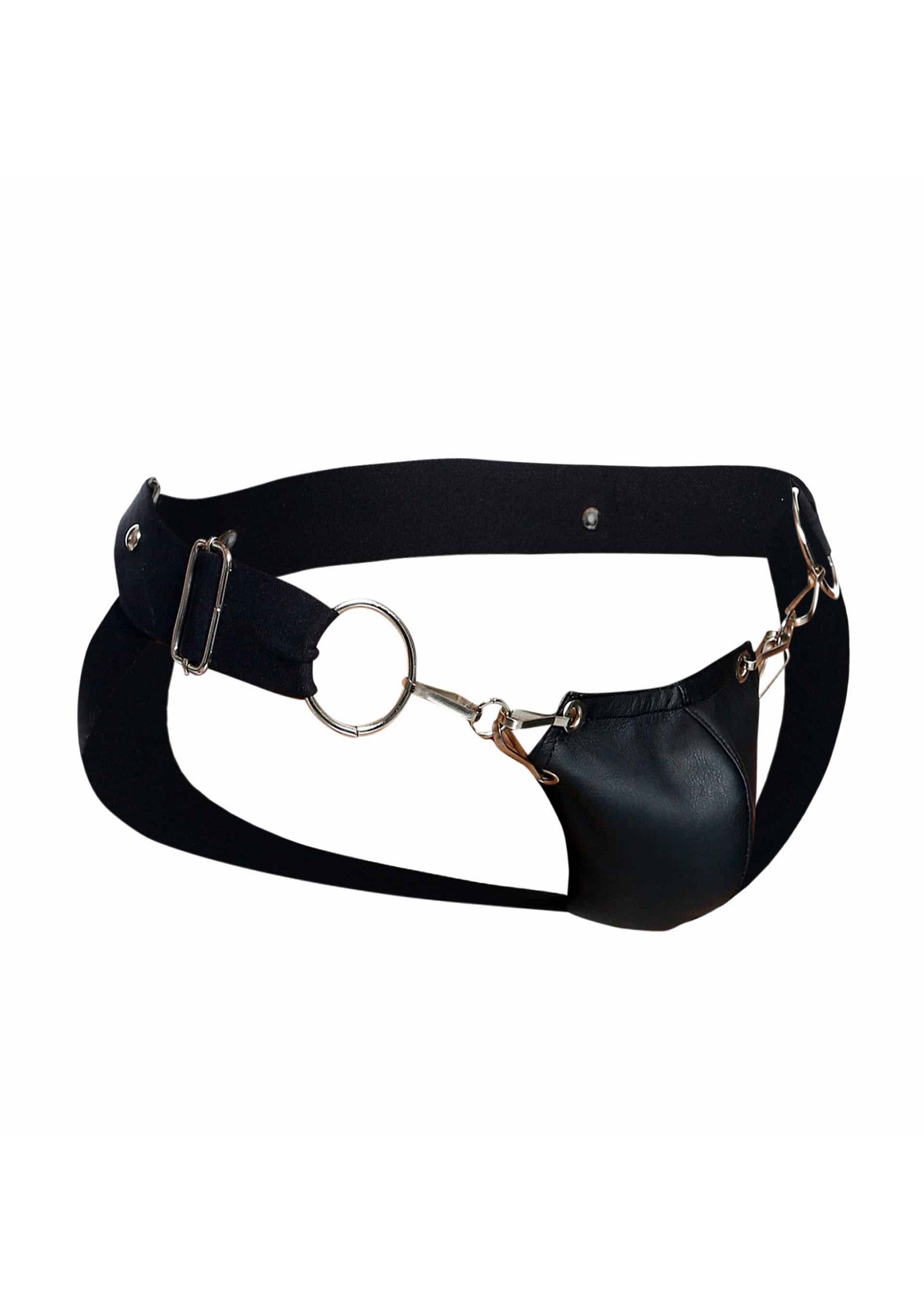 String en cuir noir avec anneau et chaîne métallique. Accessoire de mode audacieux.; Zwarte leren string met ring en metalen ketting. Gedurfd modeaccessoire.; Black leather jockstrap with metal ring and chain. Edgy fashion accessory.