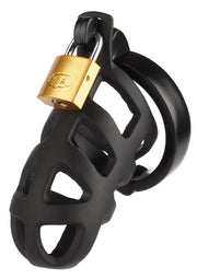 Cage de chasteté masculine noire avec cadenas doré pour plus de sécurité.; Zwarte kuisheidskooi voor mannen met gouden slot voor extra veiligheid.; Black male chastity cage with gold lock for added security.