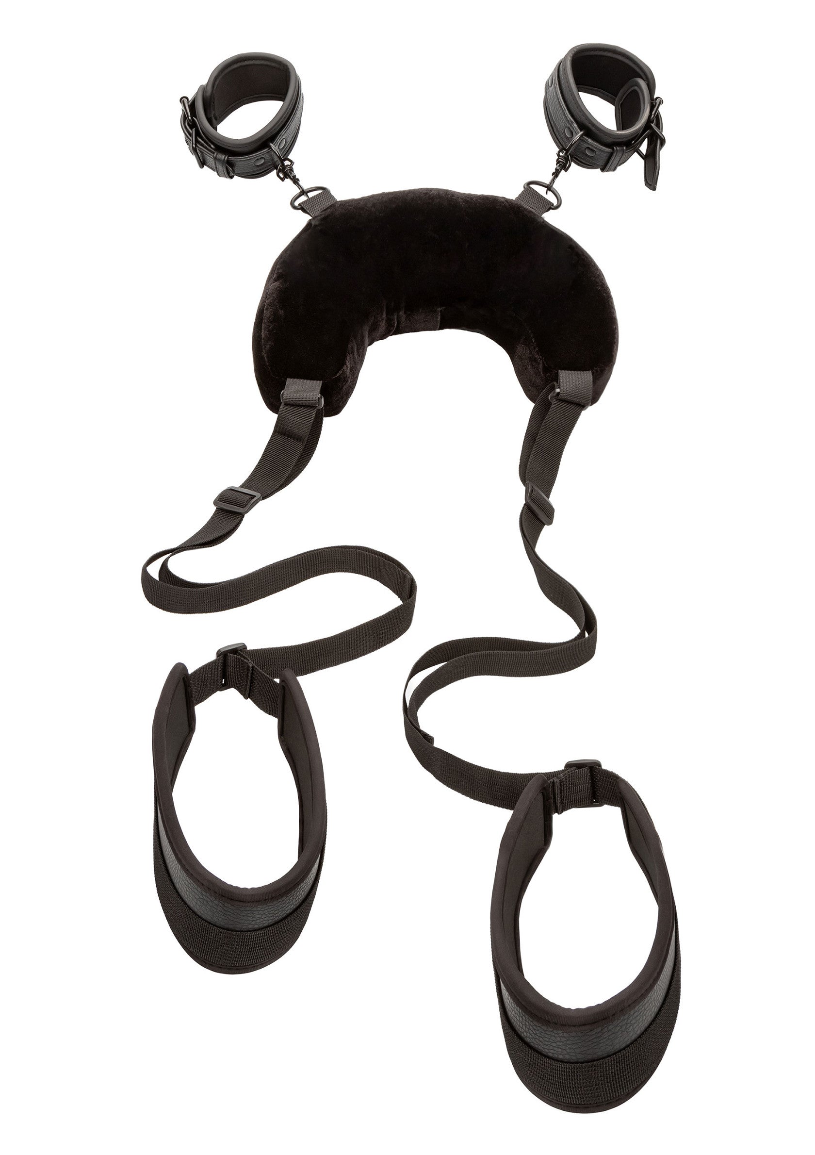 Suspension de lit noire réglable avec menottes et attaches de cheville.; Verstelbare zwarte bedsuspensie met handboeien en enkelboeien.; Adjustable black bed suspension with handcuffs and ankle restraints.