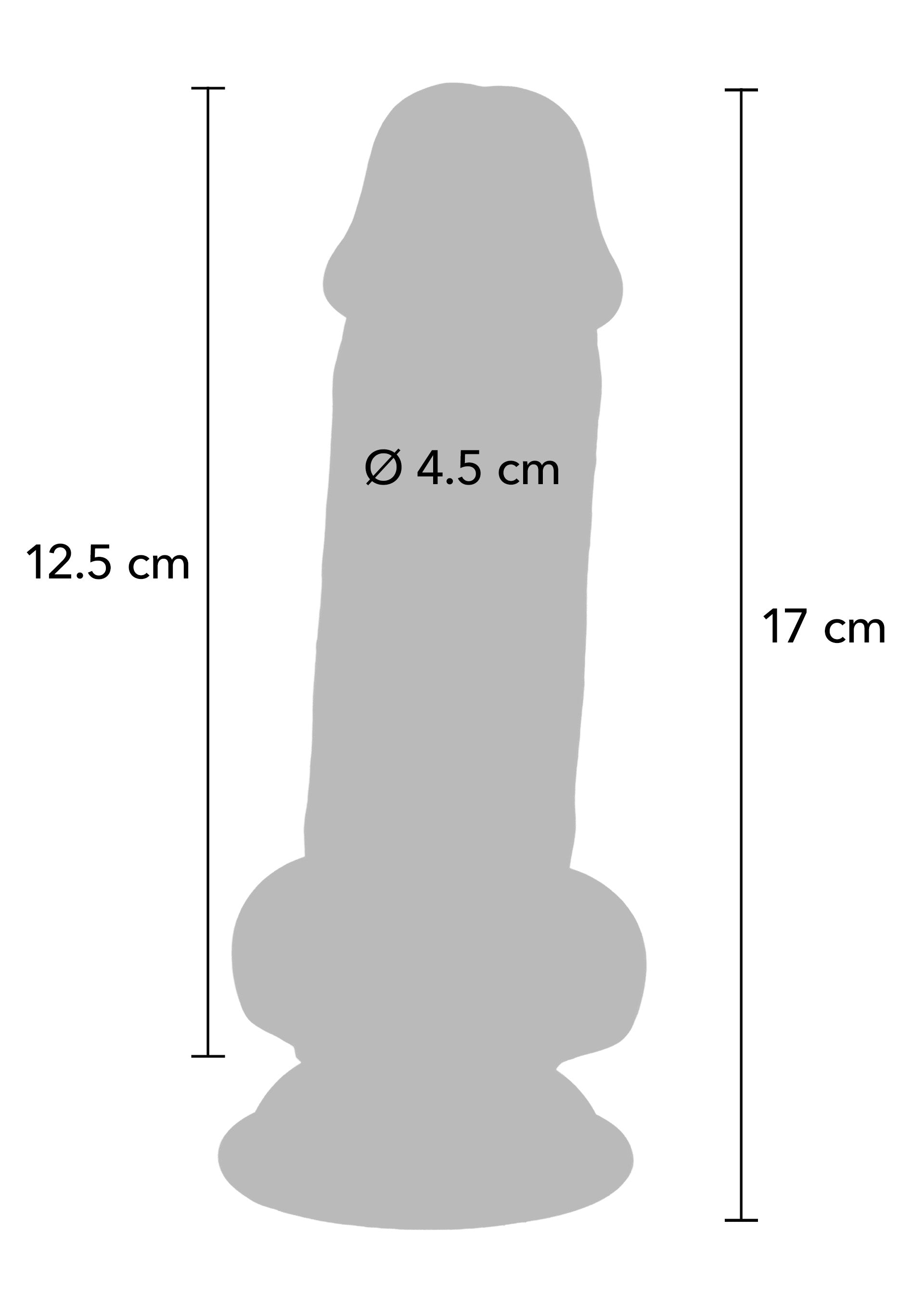 Schéma avec les dimensions d'un gode réaliste. Longueur 17cm, diamètre 4.5cm.; Schema met de afmetingen van een realistische dildo. Lengte 17cm, diameter 4.5cm.; Diagram with dimensions of a realistic dildo. Length 17cm, diameter 4.5cm.