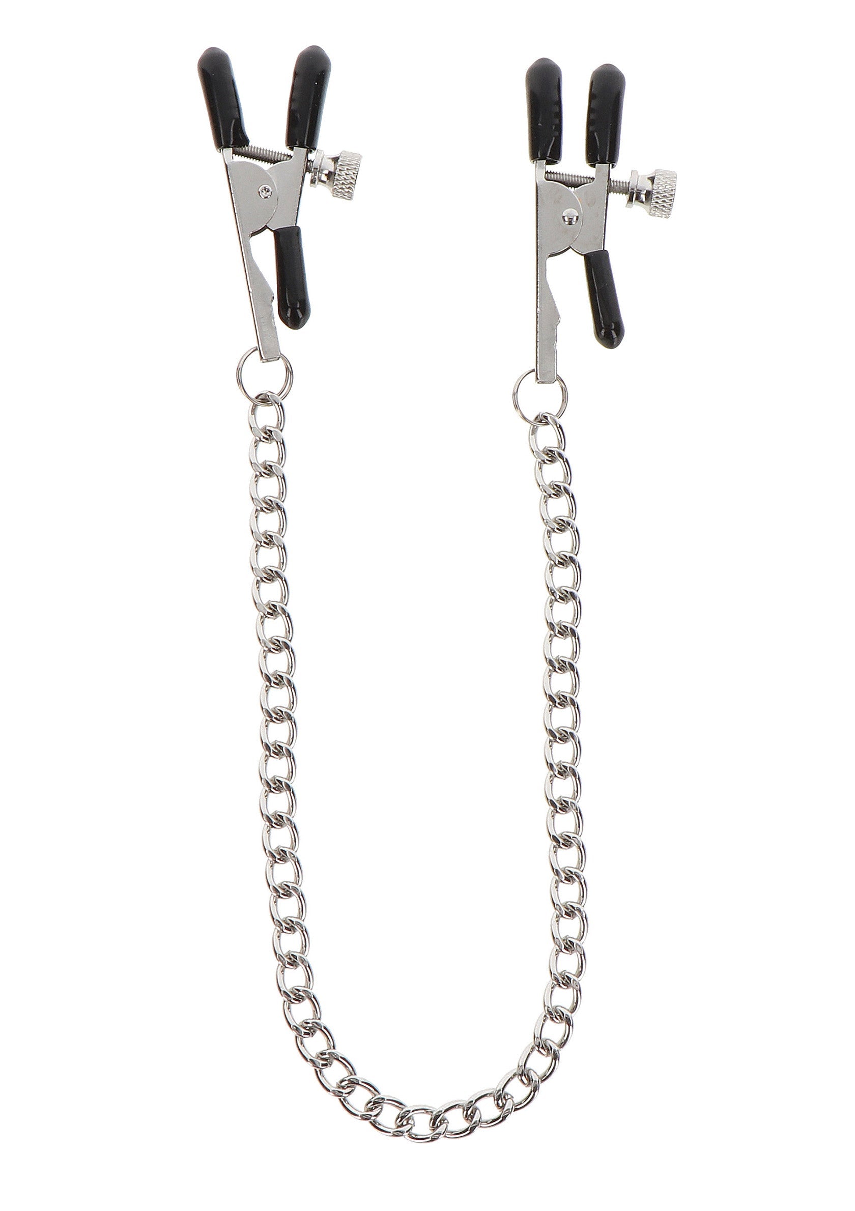 Pinces à tétons avec chaîne. Accessoires coquins réglables pour pimenter vos jeux de rôle.; Tepelklemmen met ketting. Verstelbare ondeugende accessoires om je rollenspellen mee op te fleuren.; Nipple clamps with chain. Adjustable naughty accessories to spice up your role-playing games.
