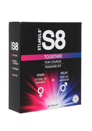 Stimul8 S8 Together, kit plaisir pour couples. Gel clitoridien chauffant et gel pénien retardateur. Sans parabènes ni sulfates.; Stimul8 S8 Together, plezier kit voor koppels. Verwarmende clitoris gel en vertragende penis gel. Zonder parabenen of sulfaten.; Stimul8 S8 Together, couples pleasure kit. Warming clitoral gel and delay penis gel. Paraben & sulfate free.