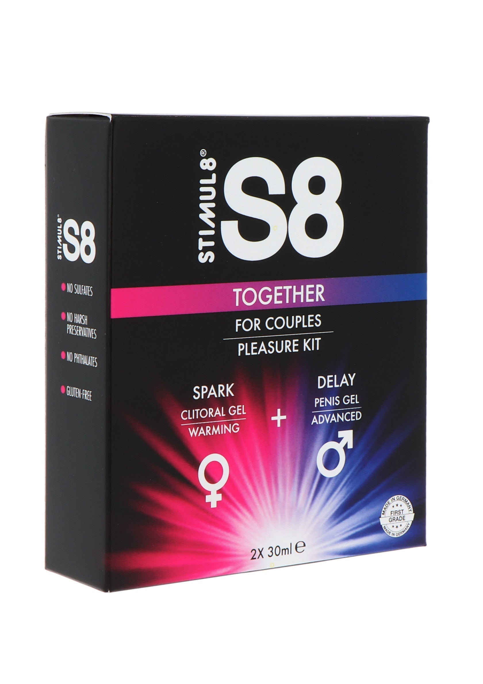 Stimul8 S8 Together, kit plaisir pour couples. Gel clitoridien chauffant et gel pénien retardateur. Sans parabènes ni sulfates.; Stimul8 S8 Together, plezier kit voor koppels. Verwarmende clitoris gel en vertragende penis gel. Zonder parabenen of sulfaten.; Stimul8 S8 Together, couples pleasure kit. Warming clitoral gel and delay penis gel. Paraben & sulfate free.