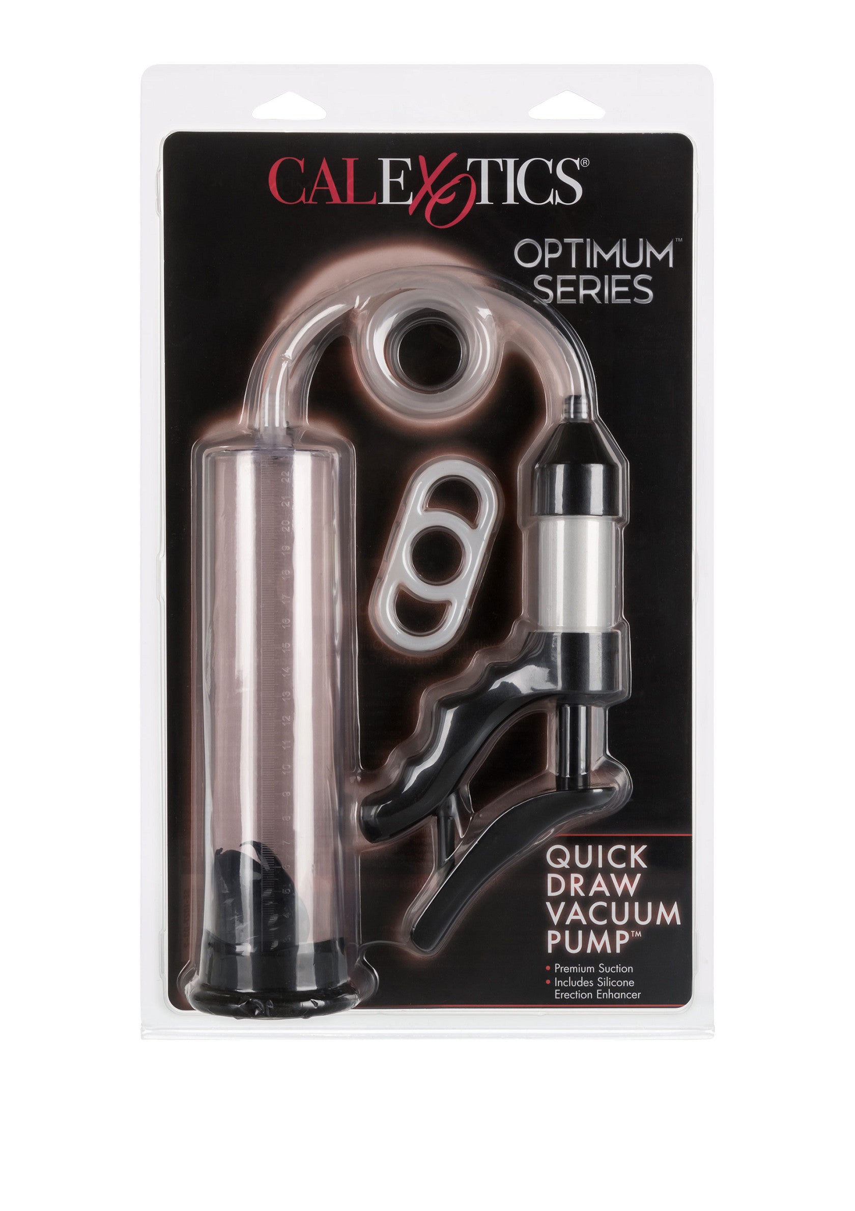 Calexotics Optimum Series pompe à vide à tirage rapide. Augmente la taille et l'épanouissement masculins.; Calexotics Optimum Series snelle vacuümpomp. Vergroot de mannelijke maat en volheid.; Calexotics Optimum Series quick draw vacuum pump. Increases male size and fullness.