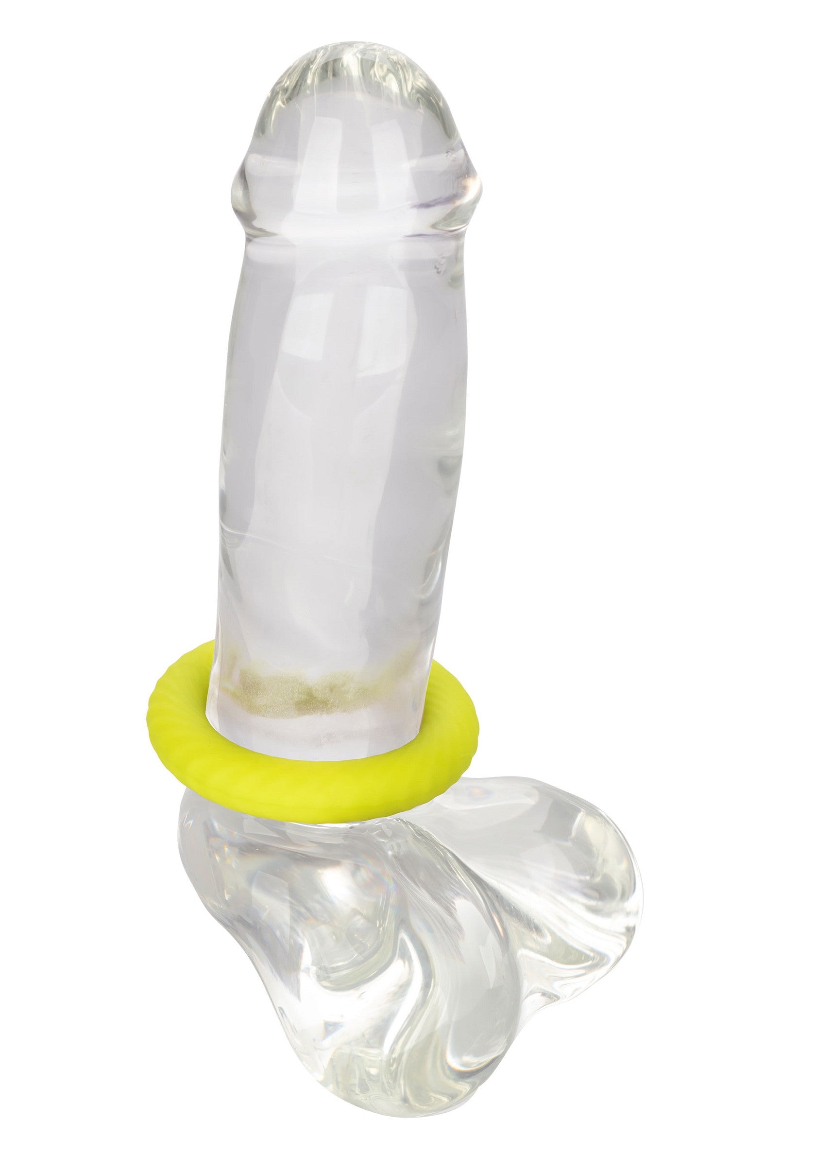 Gode en verre transparent avec anneau vibrant jaune pour plus de plaisir.; Transparante glazen dildo met gele vibrerende ring voor extra genot.; Clear glass dildo with yellow vibrating ring for extra pleasure.