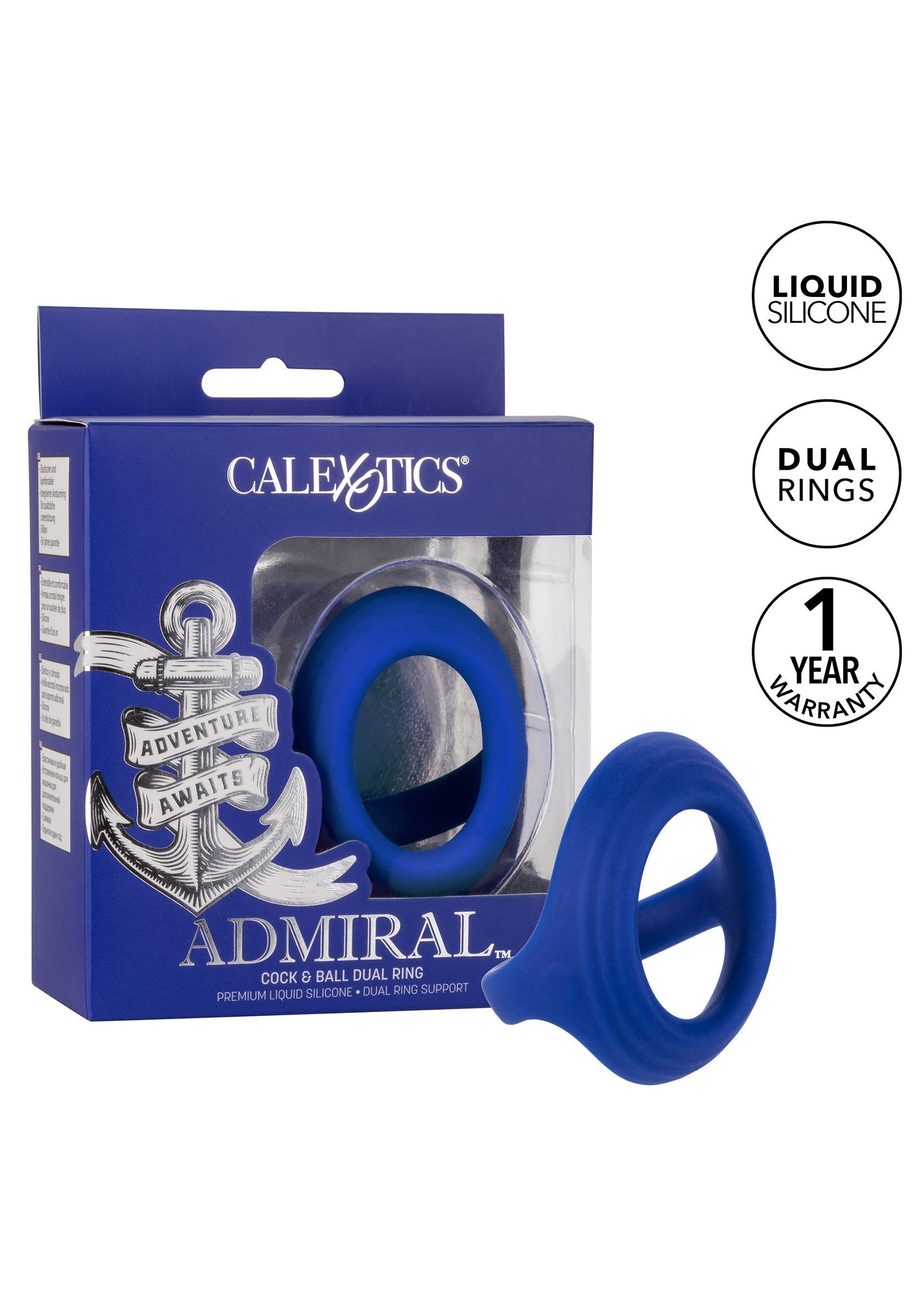 CalExotics Admiral anneau pénien double en silicone liquide bleu. Améliore le plaisir et l'érection.; CalExotics Admiral dubbele penisring van blauwe vloeibare siliconen. Verbetert het plezier en erectie.; CalExotics Admiral dual cock ring in blue liquid silicone. Enhances pleasure and erection.