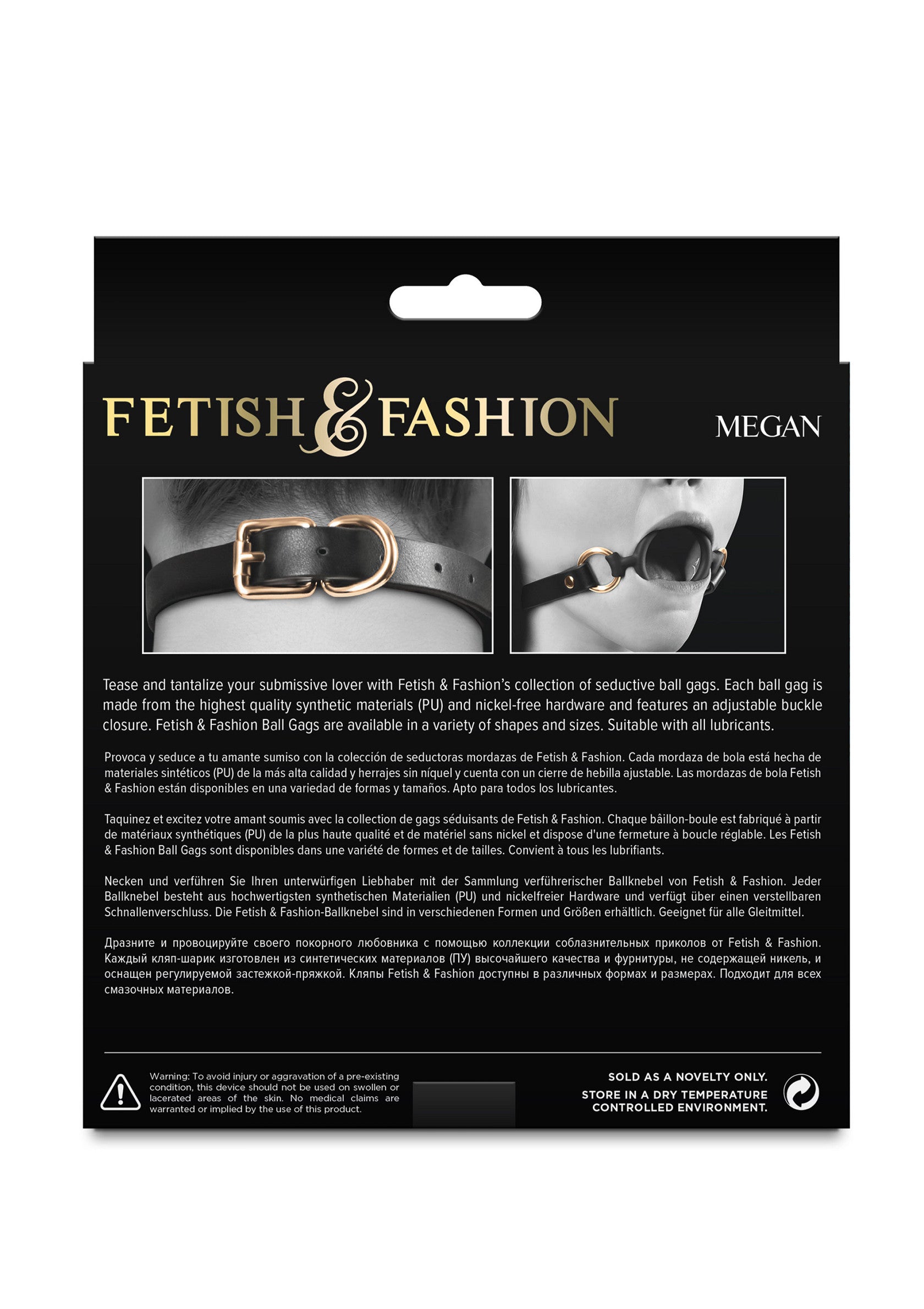 Coffret Fetish & Fashion Megan. Gag ball pour jeu de rôle, disponible en plusieurs tailles. Accessoire érotique pour adultes.; Fetish & Fashion Megan. Ball gag voor rollenspel, beschikbaar in verschillende maten. Erotisch accessoire voor volwassenen.; Fetish & Fashion Megan box. Ball gag for role play, available in several sizes. Adult erotic accessory.