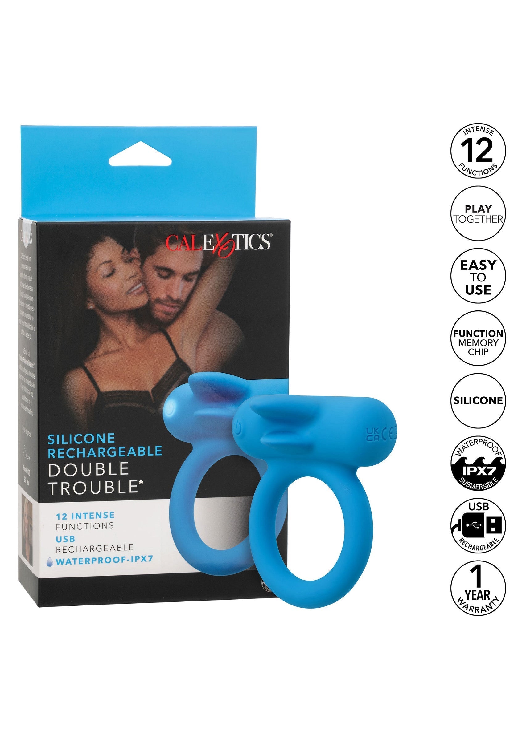 CalExotics Silicone Rechargeable Double Trouble: 12 fonctions intenses, étanche IPX7, rechargeable USB, garantie 1 an.; CalExotics Silicone Oplaadbare Double Trouble: 12 intense functies, IPX7 waterdicht, USB oplaadbaar, 1 jaar garantie.; CalExotics Silicone Rechargeable Double Trouble: 12 intense functions, IPX7 waterproof, USB rechargeable, 1-year warranty.