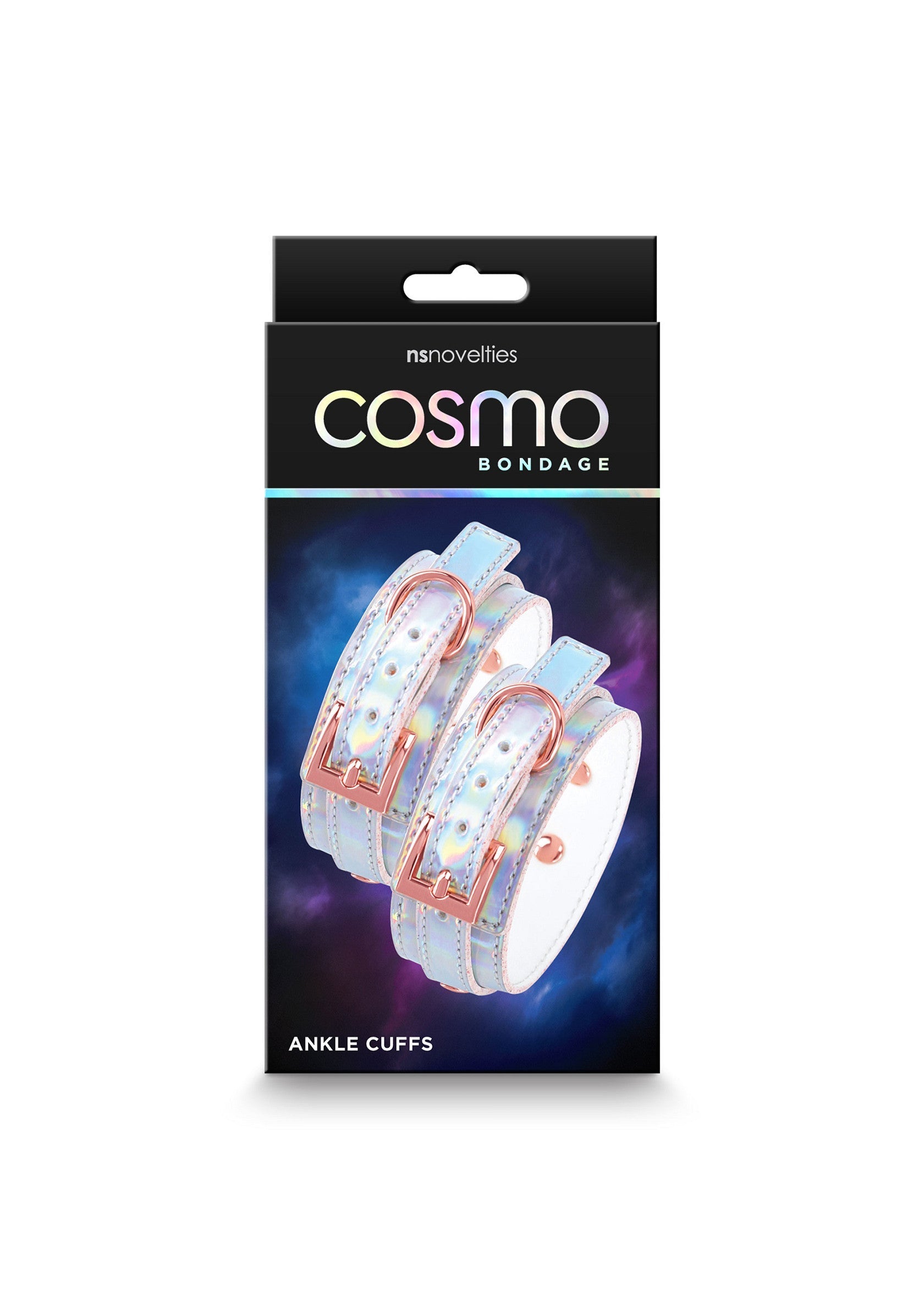 Menottes de cheville Cosmo Bondage. Accessoires coquins pour des jeux de rôle captivants. Design holographique unique.; Cosmo Bondage enkelboeien. Speelse accessoires voor boeiende rollenspellen. Uniek holografisch design.; Cosmo Bondage ankle cuffs. Playful accessories for captivating role play. Unique holographic design.
