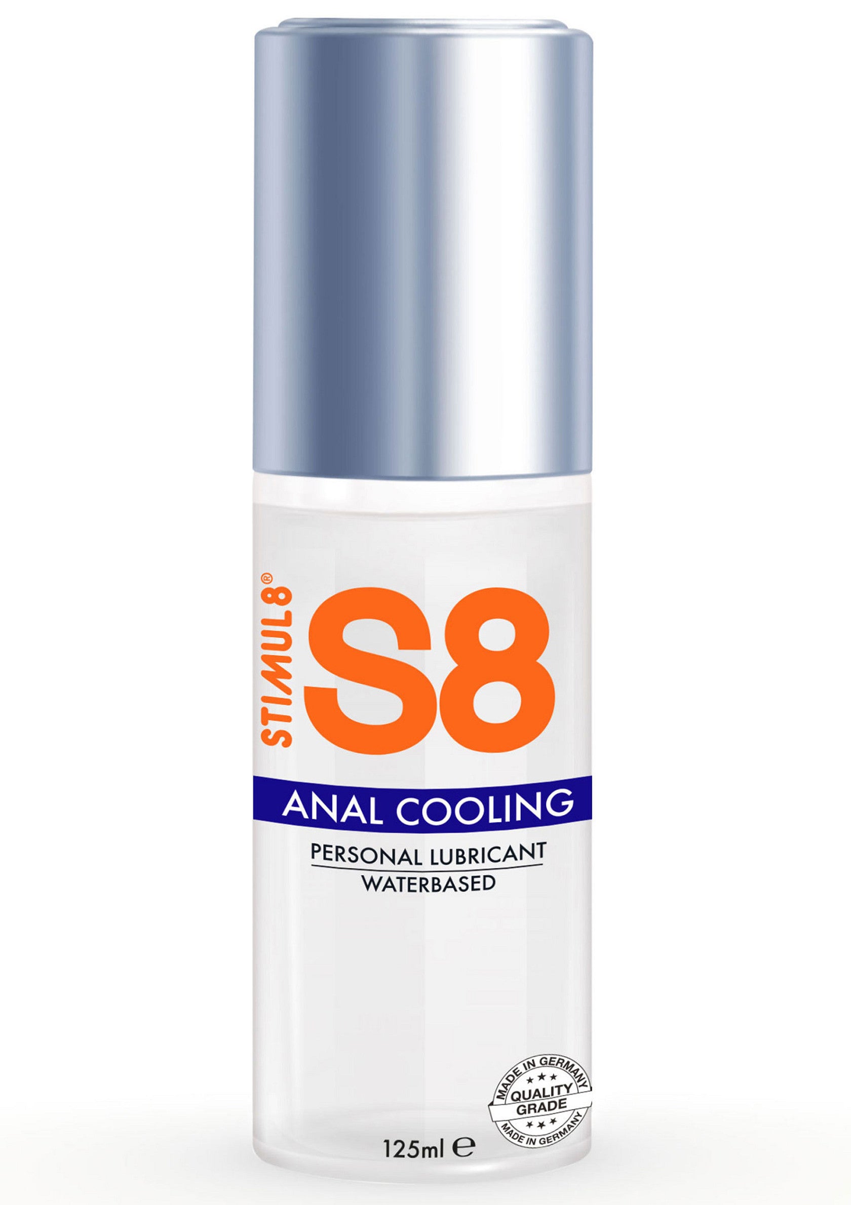 Lubrifiant anal rafraîchissant S8 Stimul8, 125ml, à base d'eau. Pour un confort optimal et une expérience agréable.; Stimul8 S8 verkoelend anaal glijmiddel, 125ml, op waterbasis. Voor optimaal comfort en een aangename ervaring.; Stimul8 S8 Anal Cooling Lubricant, 125ml, water-based. For ultimate comfort and an enjoyable experience.