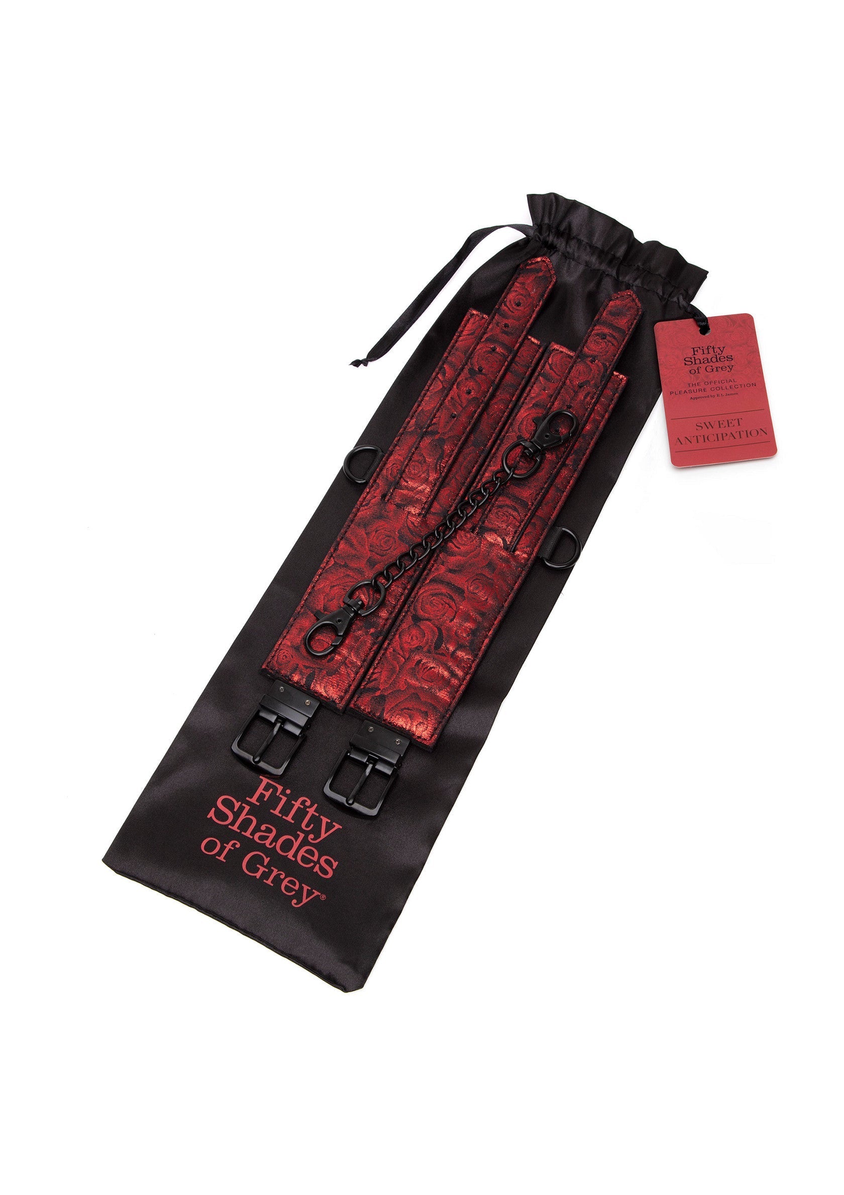 Kit de menottes Fifty Shades of Grey en rouge et noir, pour des jeux coquins.; Fifty Shades of Grey handboeien set in rood en zwart, voor speelse spelletjes.; Fifty Shades of Grey cuffs set in red and black, for playful games.