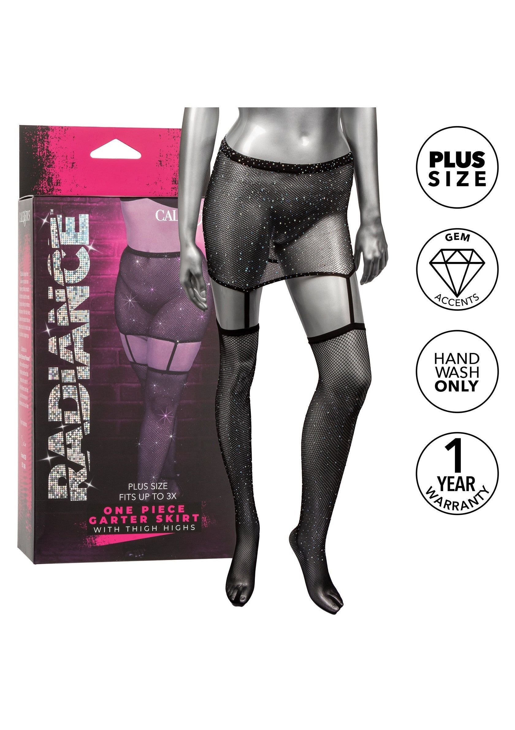 Jupe porte-jarretelles Radiance taille plus avec bas cuissardes en résille noire scintillante. Sexy et élégant.; Radiance plus size jarretelrok met dijhoge kousen in sprankelende zwarte visnet. Sexy en stijlvol.; Radiance plus size garter skirt with thigh highs in sparkling black fishnet. Sexy and stylish.
