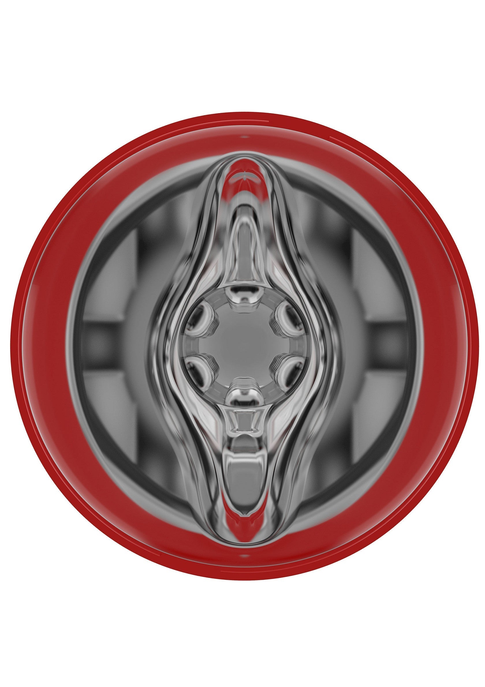 Gode vibrant avec structure interne complexe et bordure rouge.; Vibrerende masturbator met complexe interne structuur en rode rand.; Vibrating pleasure toy featuring a complex internal structure and red trim.