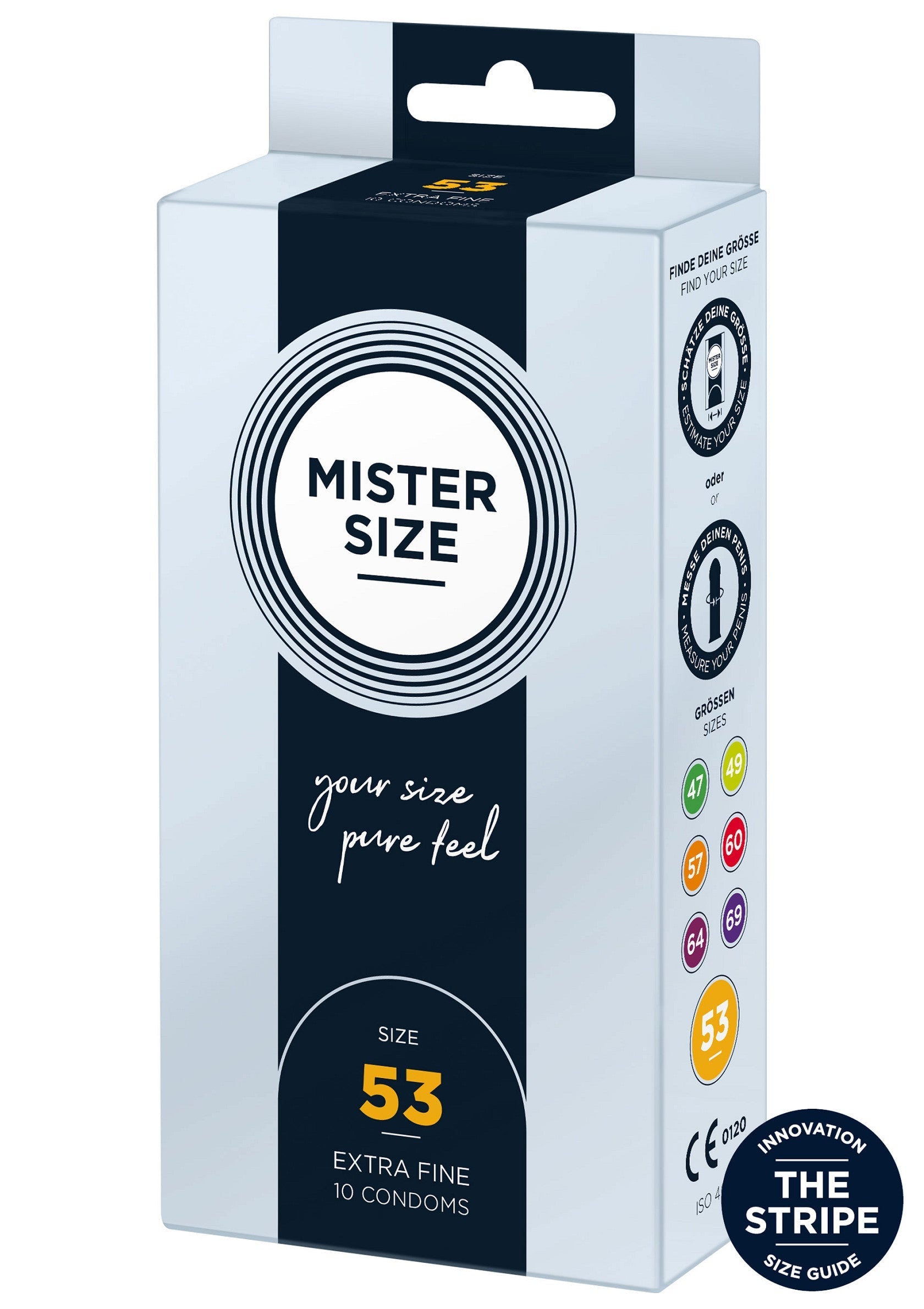 Préservatifs Mister Size 53 : pour un confort et une protection optimale. Trouvez votre taille idéale.; Mister Size 53 condooms: voor optimaal comfort en bescherming. Vind jouw perfecte maat.; Mister Size 53 condoms: for optimal comfort and protection. Find your perfect fit.