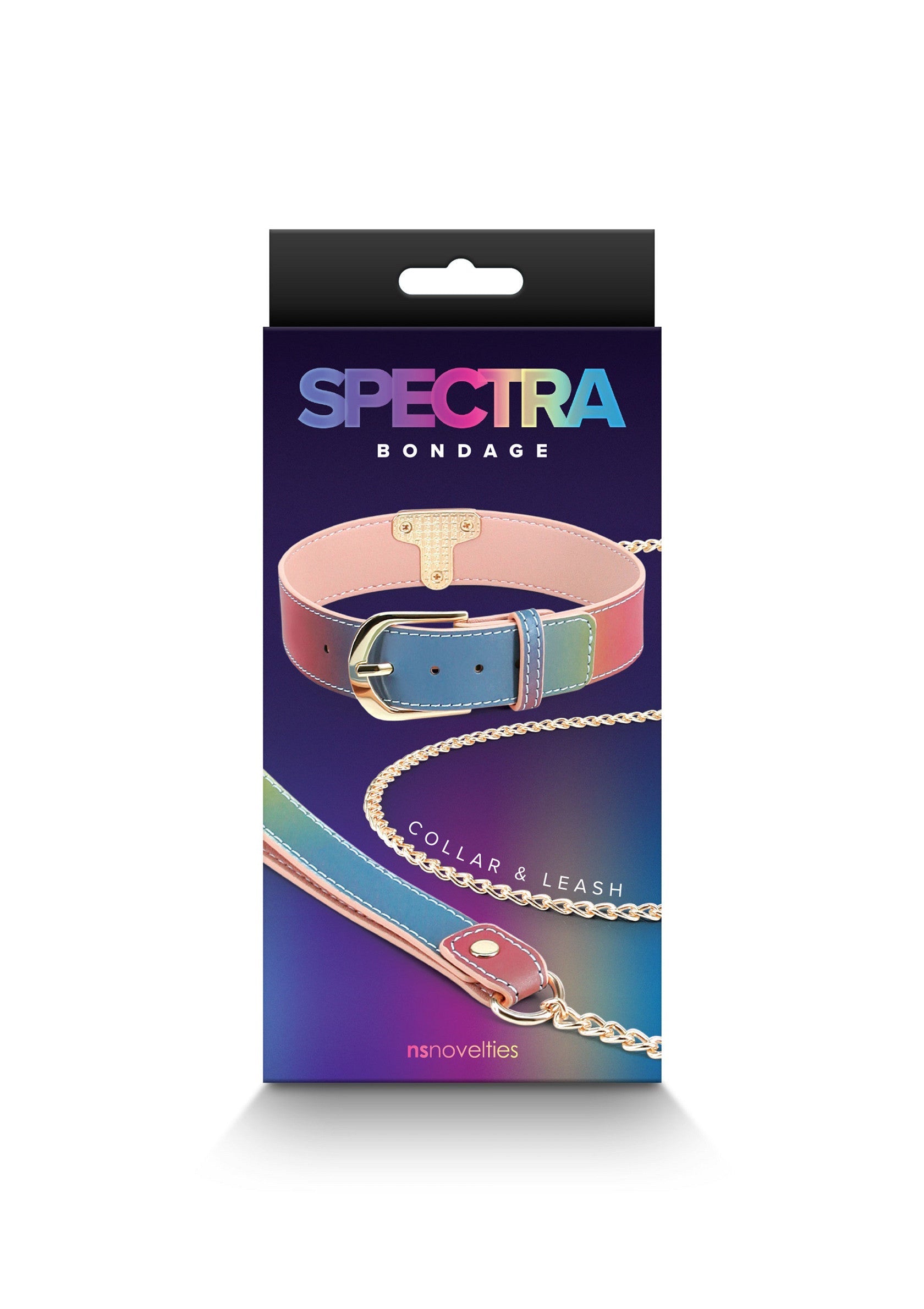 Spectra Bondage : Collier et laisse arc-en-ciel pour un jeu sensuel et élégant.; Spectra Bondage: Regenboog halsband & riem set voor stijlvol en sensueel spel.; Spectra Bondage: Rainbow collar & leash set for stylish and sensual play.