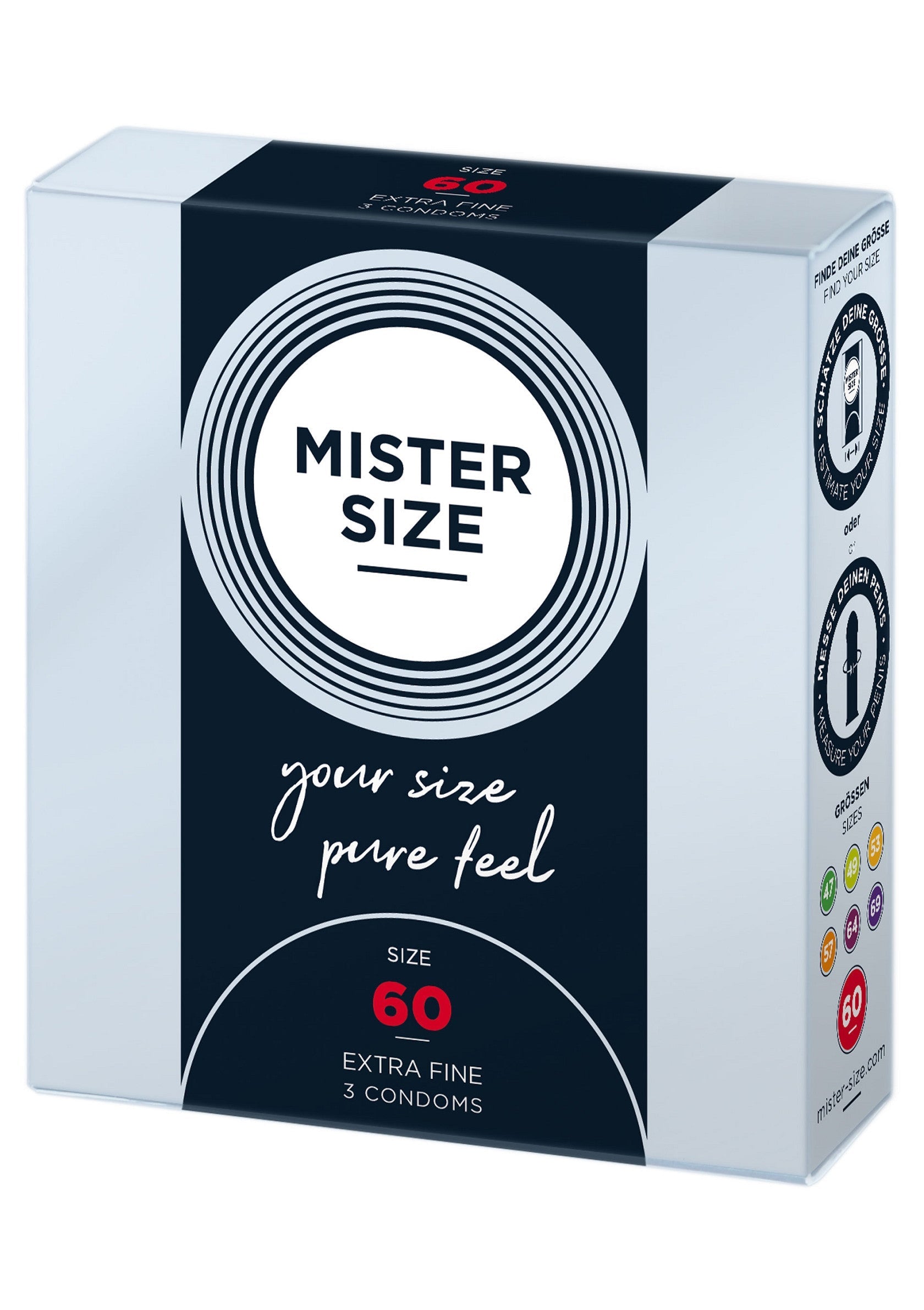 Préservatifs Mister Size taille 60, extra fins. Pour un confort optimal et des sensations naturelles. Paquet de 3.; Mister Size condooms maat 60, extra dun. Voor optimaal comfort en natuurlijke sensaties. Pak van 3.; Mister Size condoms size 60, extra fine. For optimal comfort and natural sensations. Pack of 3 condoms.