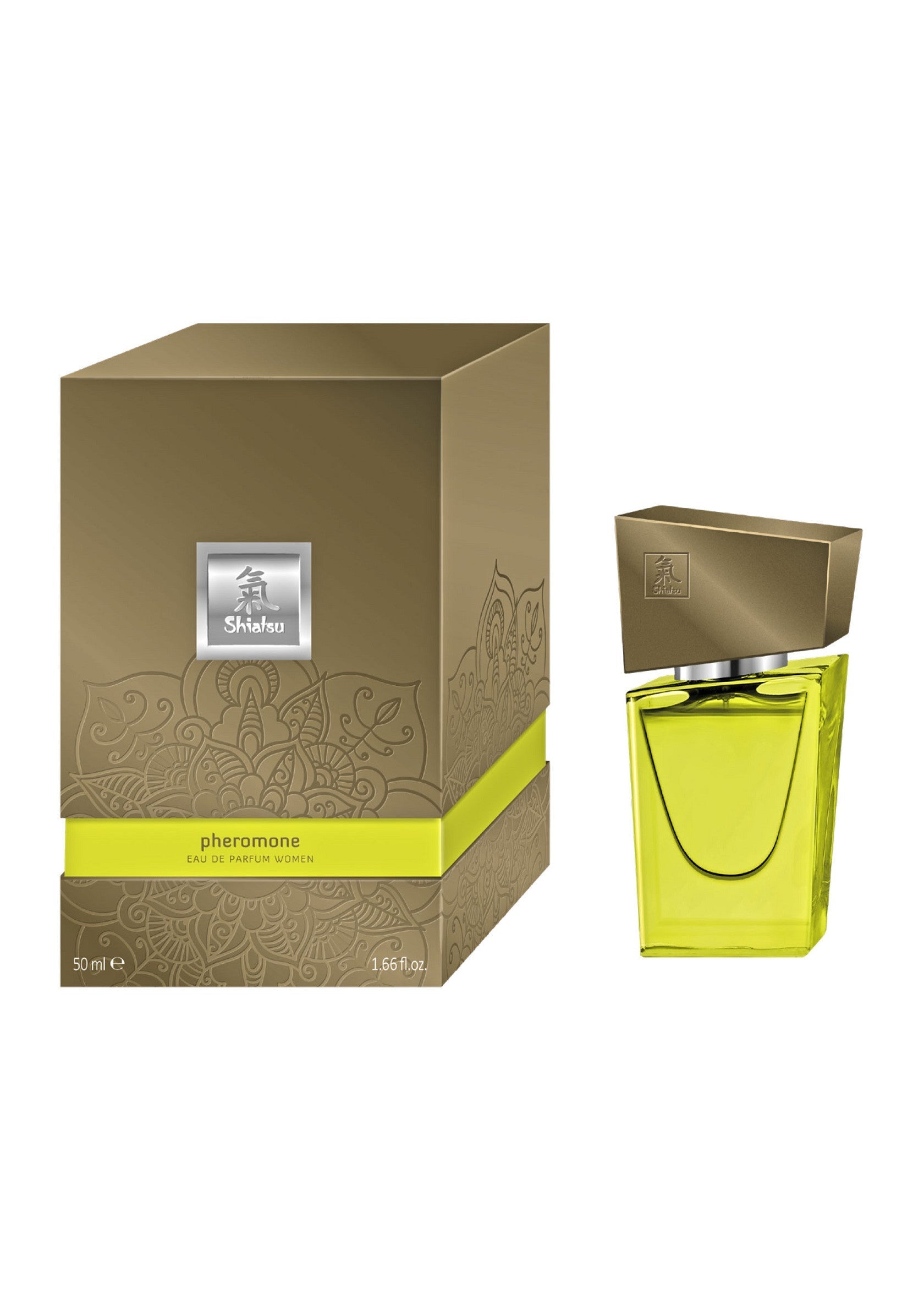 Parfum Shisui Pheromone. Flacon jaune et packaging marron élégant. Captivez avec ce parfum unique.; Shisui Pheromone parfum. Gele fles en elegante bruine verpakking. Vang de aandacht met deze unieke geur.; Shisui Pheromone perfume. Yellow bottle and elegant brown packaging. Captivate with this unique fragrance.