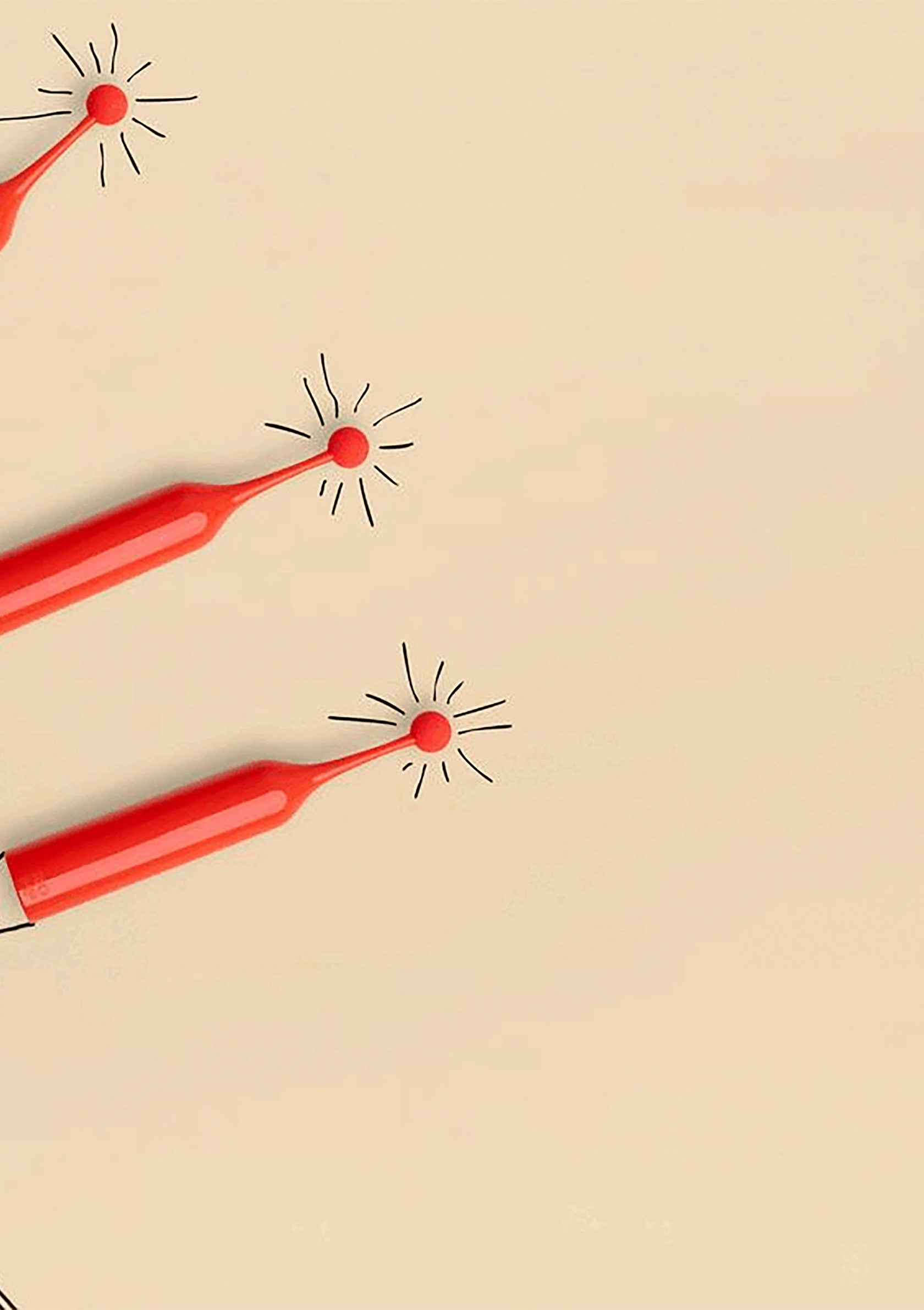 Outils rouges minimalistes avec des étincelles dessinées à la main sur fond beige pour un design créatif.; Minimalistische rode tools met handgetekende vonken op een beige achtergrond voor een creatief ontwerp.; Minimalist red tools with hand-drawn sparkles on a beige backdrop for creative design.