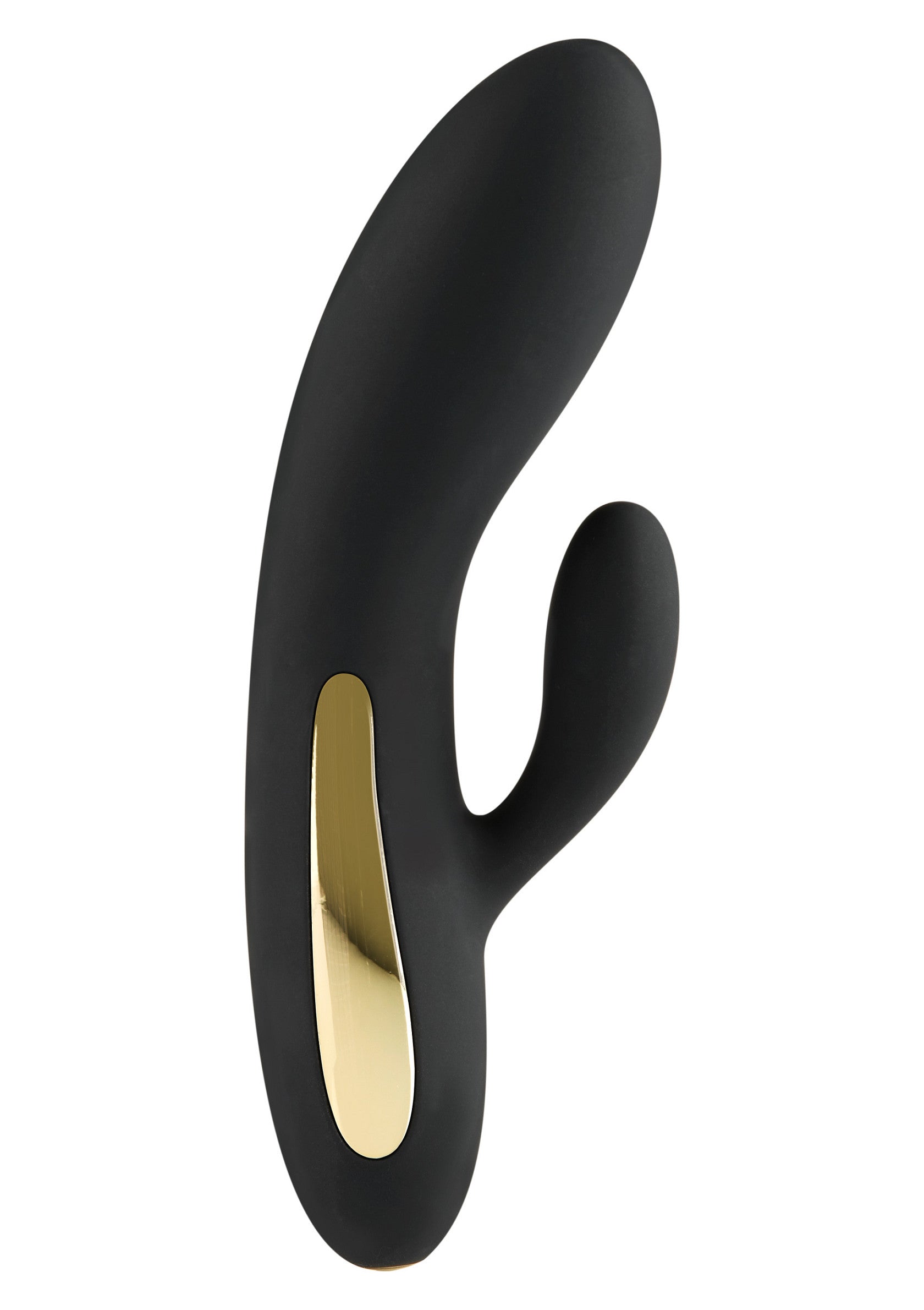 Vibromasseur noir élégant avec accent doré pour le plaisir personnel.; Elegante zwarte vibrator met gouden accent voor persoonlijk genot.; Sleek black vibrator with gold accent for personal pleasure.