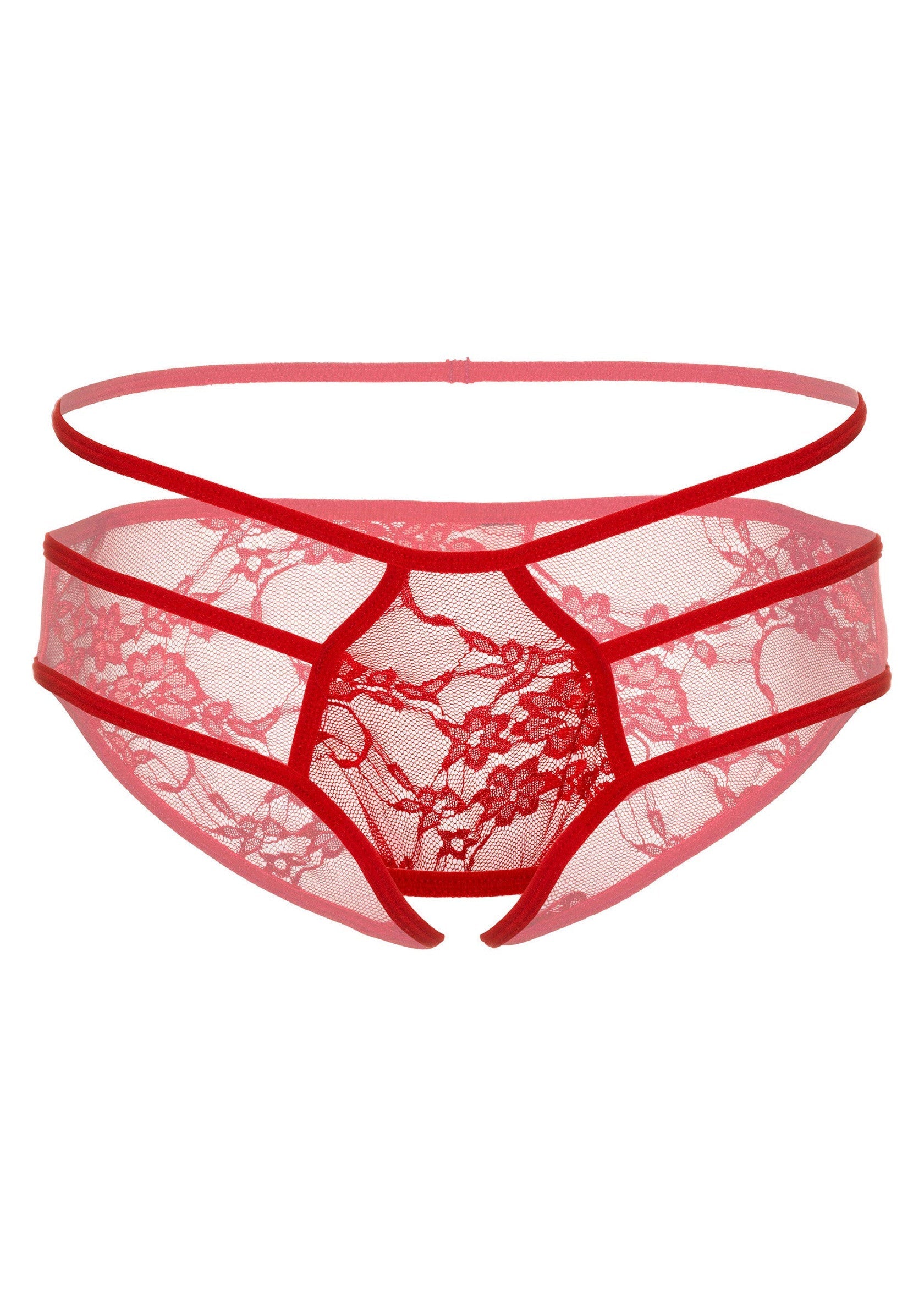 Culotte ouverte en dentelle rouge, lingerie séduisante et audacieuse pour pimenter votre vie amoureuse.; Open kruisje kanten slipje in rood, verleidelijke en gedurfde lingerie om je liefdesleven mee op te fleuren.; Red lace open crotch panty, seductive and daring lingerie to spice up your love life.