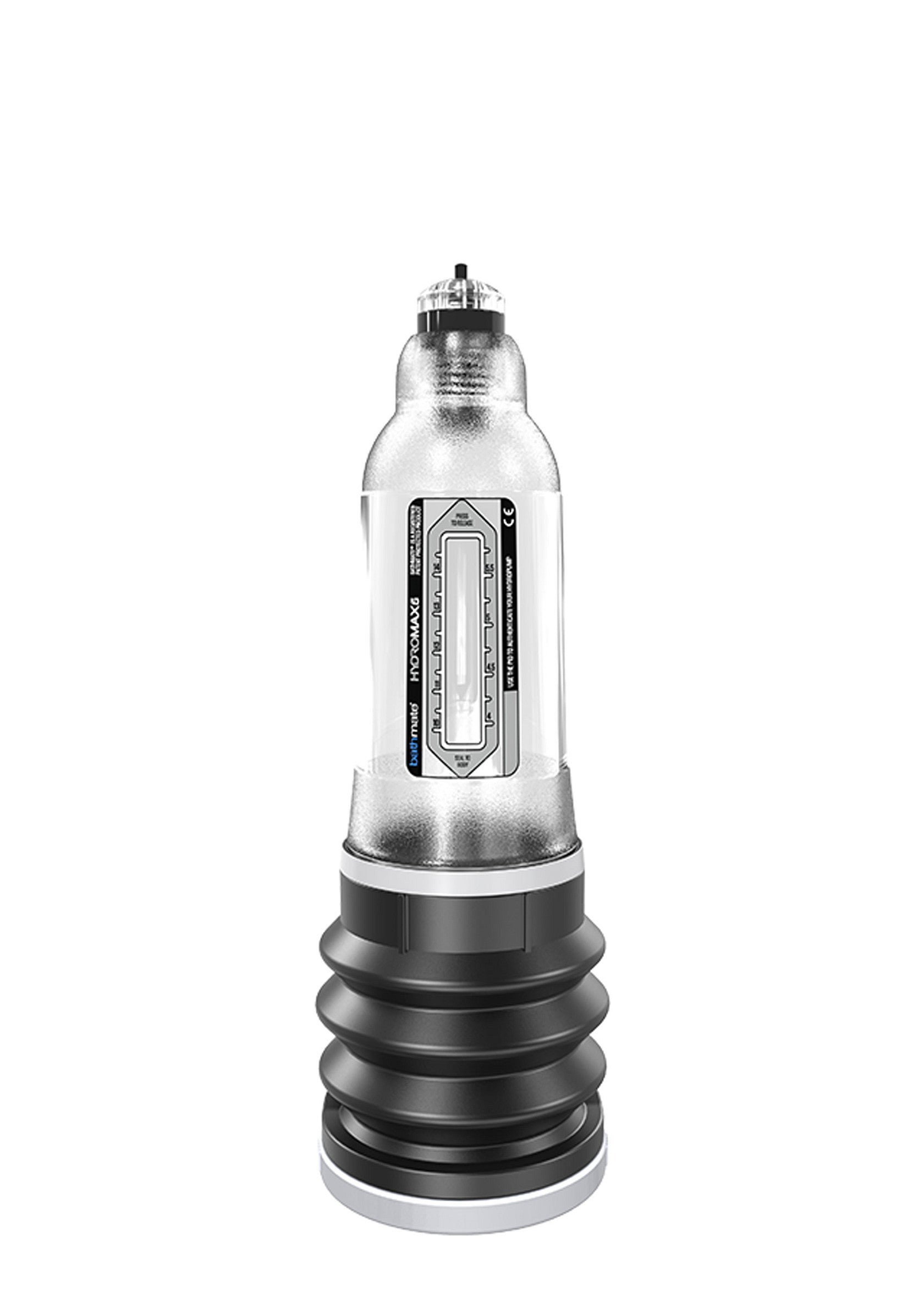 Image d'une pompe à eau HydroMax pour l'amélioration masculine. Dispositif médical transparent avec une base noire à soufflet.; Afbeelding van een HydroMax waterpomp voor mannelijke verbetering. Transparant medisch hulpmiddel met een zwarte balgbasis.; Image of a HydroMax water pump for male enhancement. Clear medical device with a black bellows base.