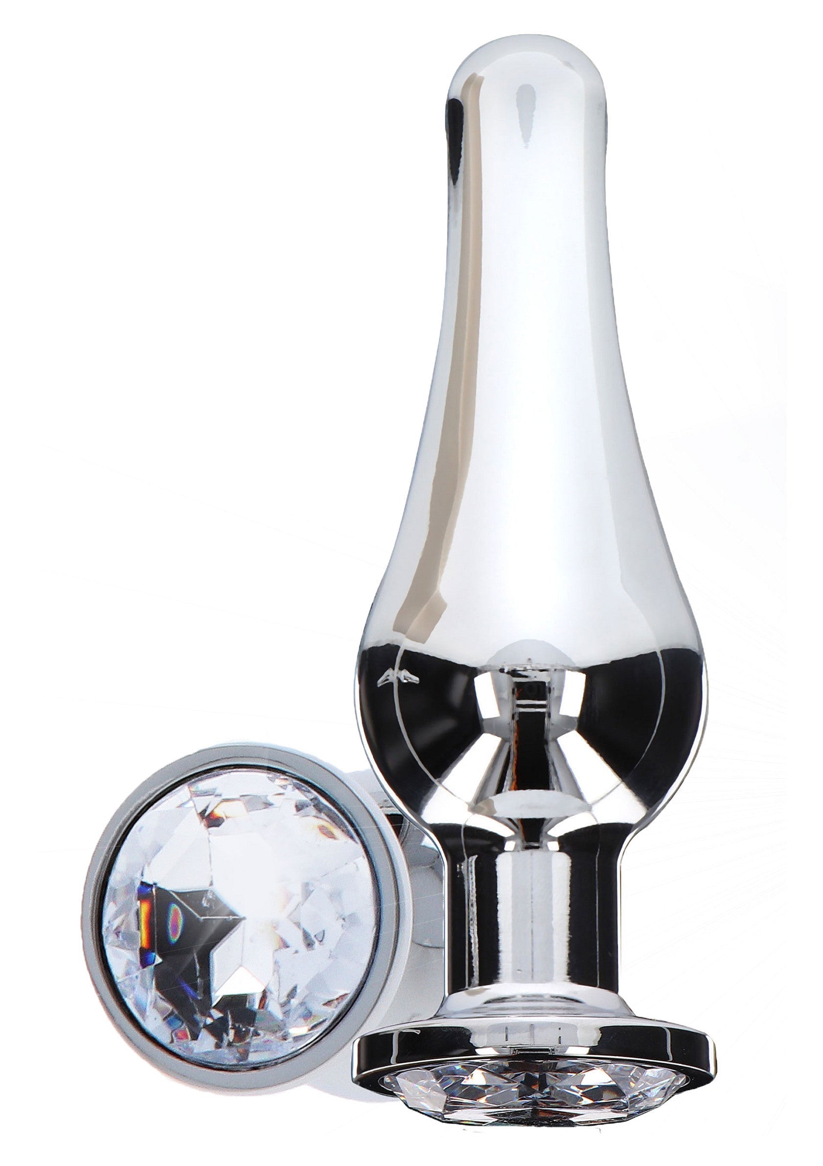 Plug anal en métal argenté avec bijoux en cristal taillé pour une touche glamour.; Zilverkleurige metalen anale plug met geslepen kristaljuwelen voor een glamoureuze touch.; Silver-tone metal anal plug with cut crystal jewels for a glamorous touch.