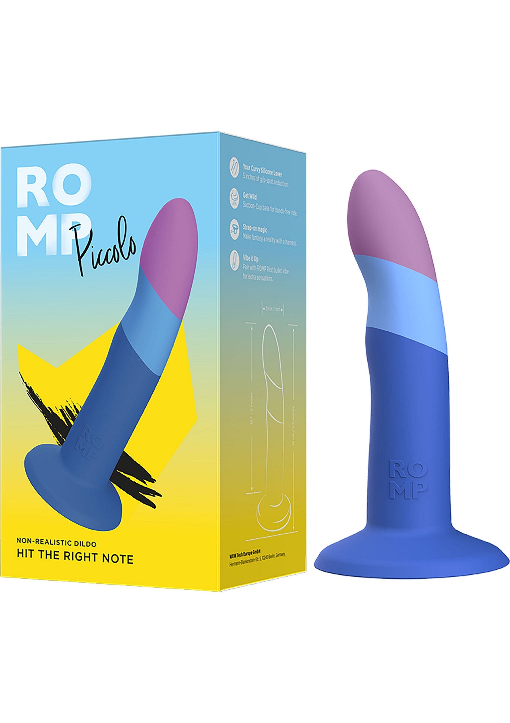 Gode Romp Piccolo, couleur bleu et violet. Un jouet pour adultes pour le plaisir solitaire ou en couple.; Romp Piccolo dildo, blauw en paars. Een speeltje voor volwassenen voor solo- of koppelplezier.; Romp Piccolo dildo, blue and purple. An adult toy for solo or couple's fun.