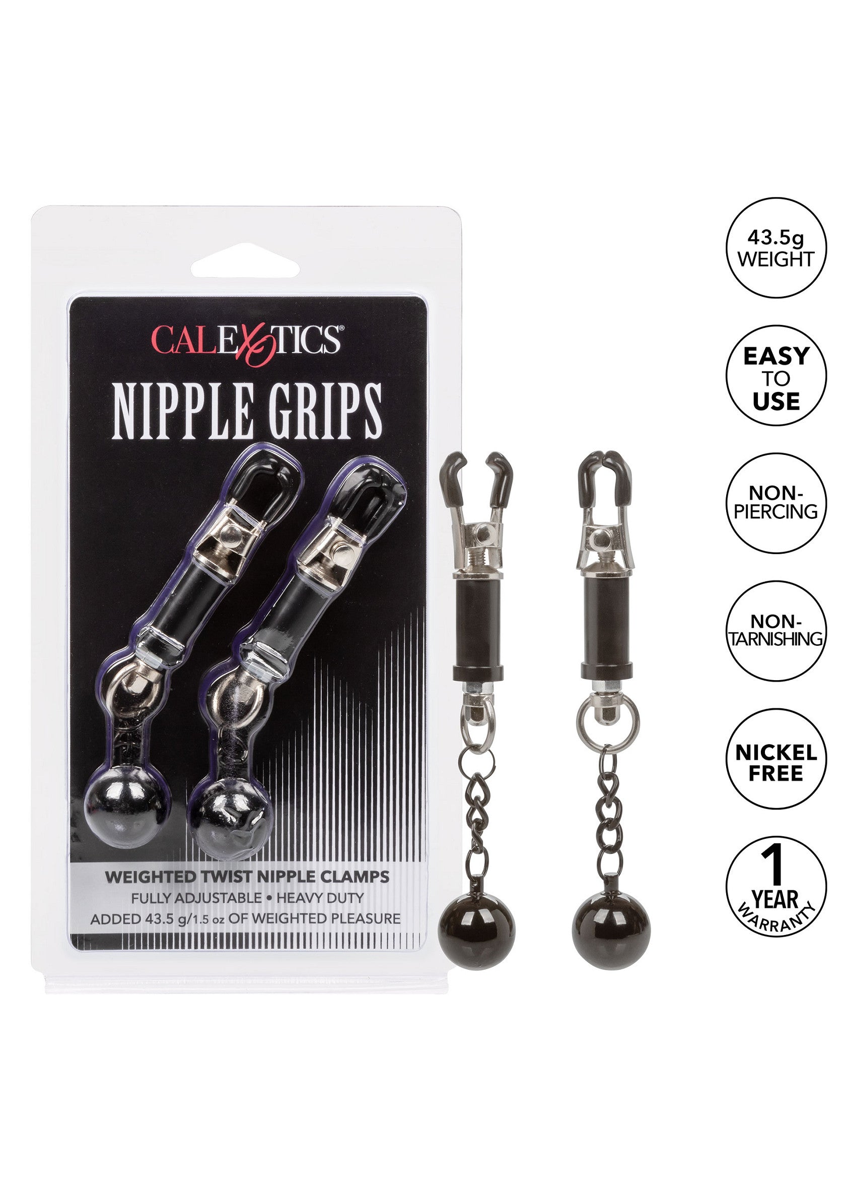 Pinces à tétons lestées Calexotics pour un plaisir intense. Ajustables, sans nickel et faciles à utiliser.; Calexotics gewogen tepelklemmen voor intense stimulatie. Verstelbaar, nikkelvrij en eenvoudig in gebruik.; Calexotics weighted nipple clamps for intense pleasure. Adjustable, nickel-free, and easy to use.