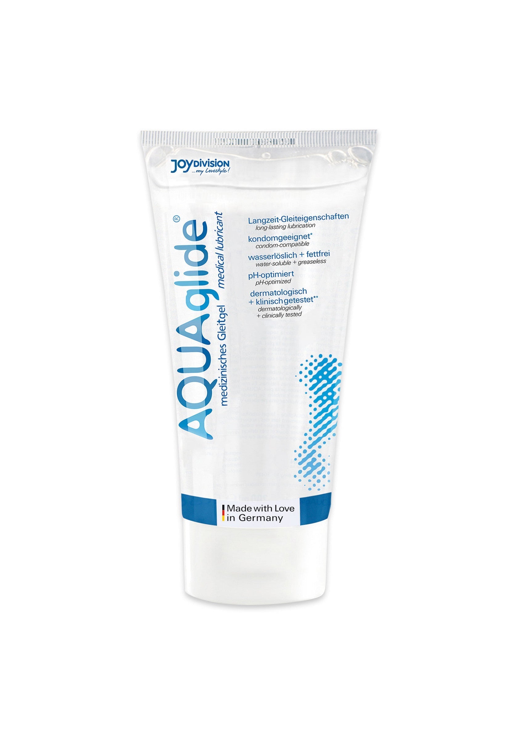 AQUAglyde, gel lubrifiant médical pour une expérience longue durée et agréable. Compatible avec les préservatifs.; AQUAglyde, medische glijmiddel voor een langdurige en prettige ervaring. Geschikt voor condooms.; AQUAglyde medical lubricant for a long-lasting, pleasurable experience. Condom-compatible.