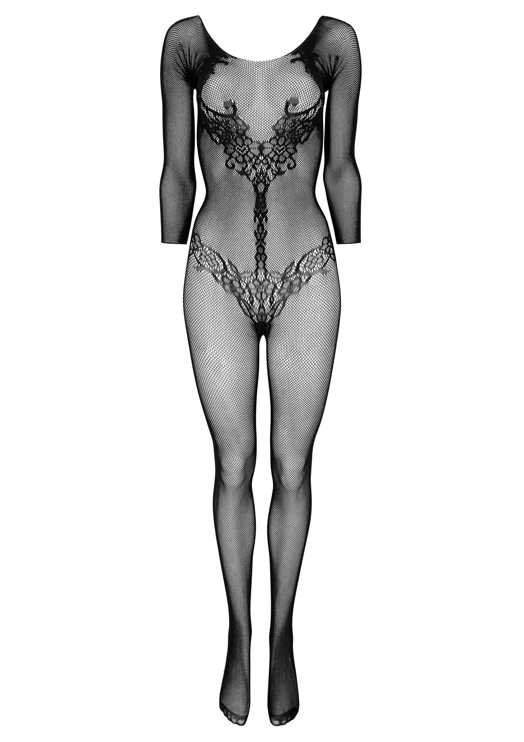 Body résille noir avec détails en dentelle florale. Lingerie séduisante pour une allure glamour et audacieuse.; Zwarte visnet body met bloemendetails van kant. Verleidelijke lingerie voor een glamoureuze en gewaagde look.; Black fishnet body with floral lace details. Seductive lingerie for a glamorous and daring look.