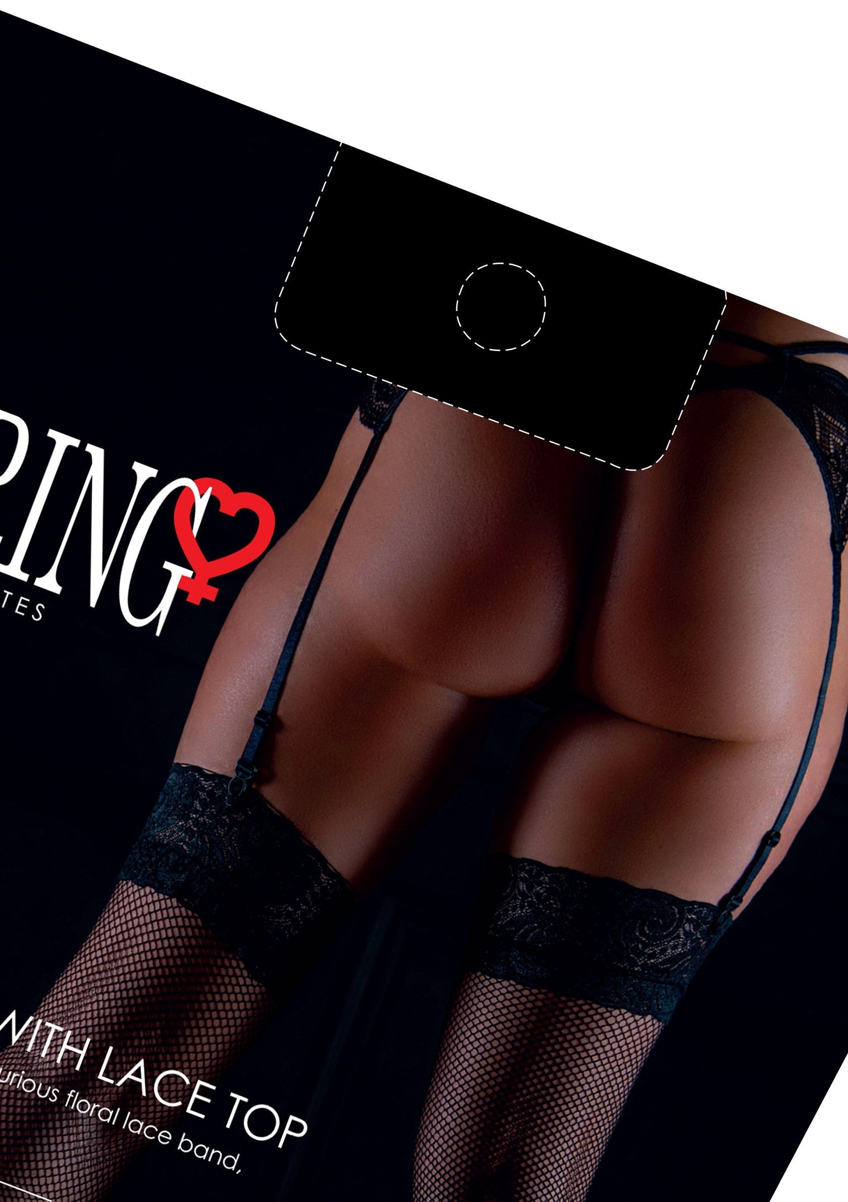 Porte-jarretelles et bas noirs en résille avec dentelle florale pour une allure séduisante et élégante.; Zwarte jarretelgordel en netkousen met bloemenkant voor een verleidelijke en elegante look.; Black garter belt and fishnet stockings with floral lace for a seductive and elegant look.