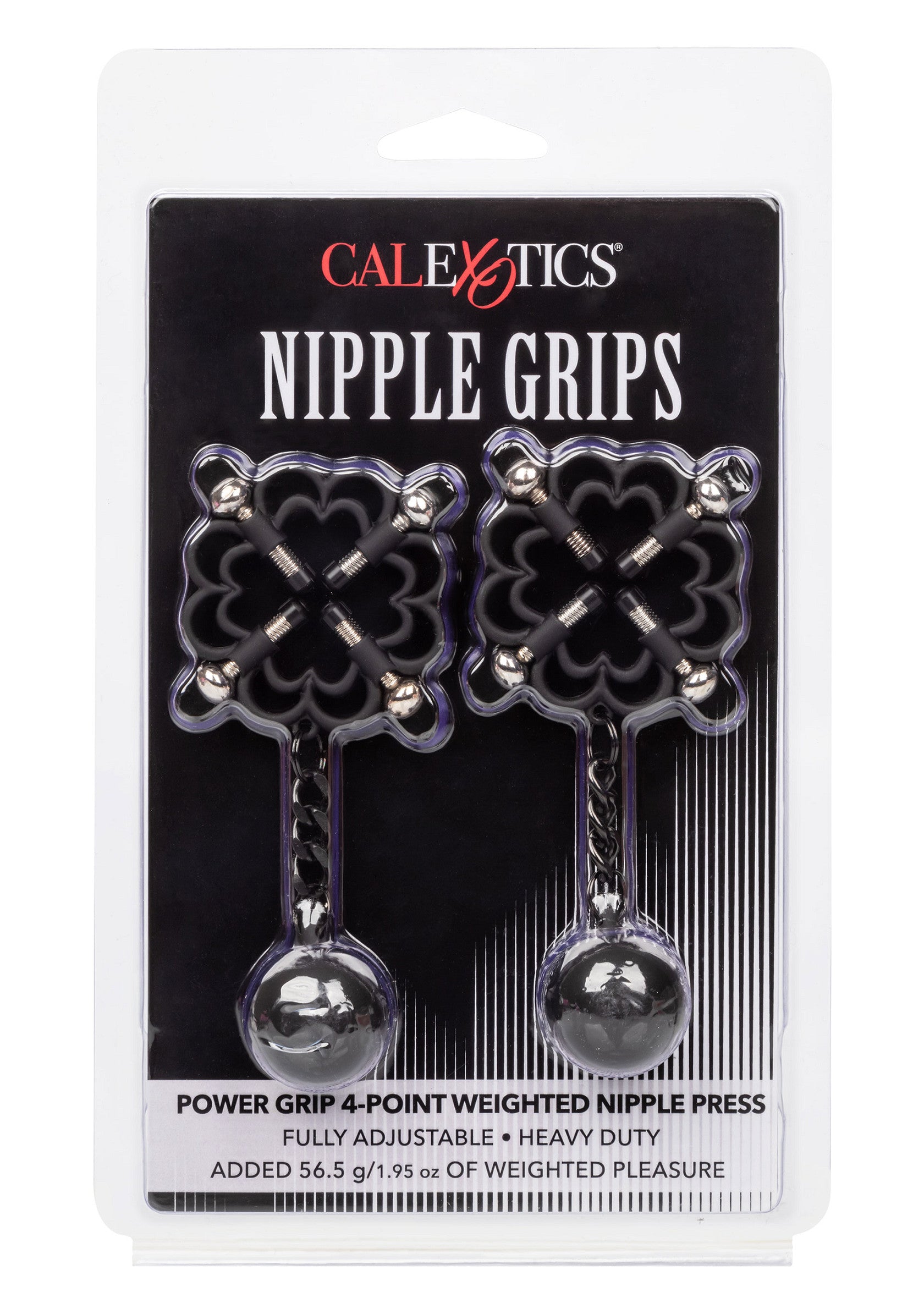 Pinces à tétons lestées Calexotics pour un plaisir intense. Ajustables et robustes.; Calexotics tepelklemmen met gewicht voor intense stimulatie. Volledig verstelbaar & heavy duty.; Calexotics weighted nipple clamps for intense pleasure. Fully adjustable and heavy-duty design.