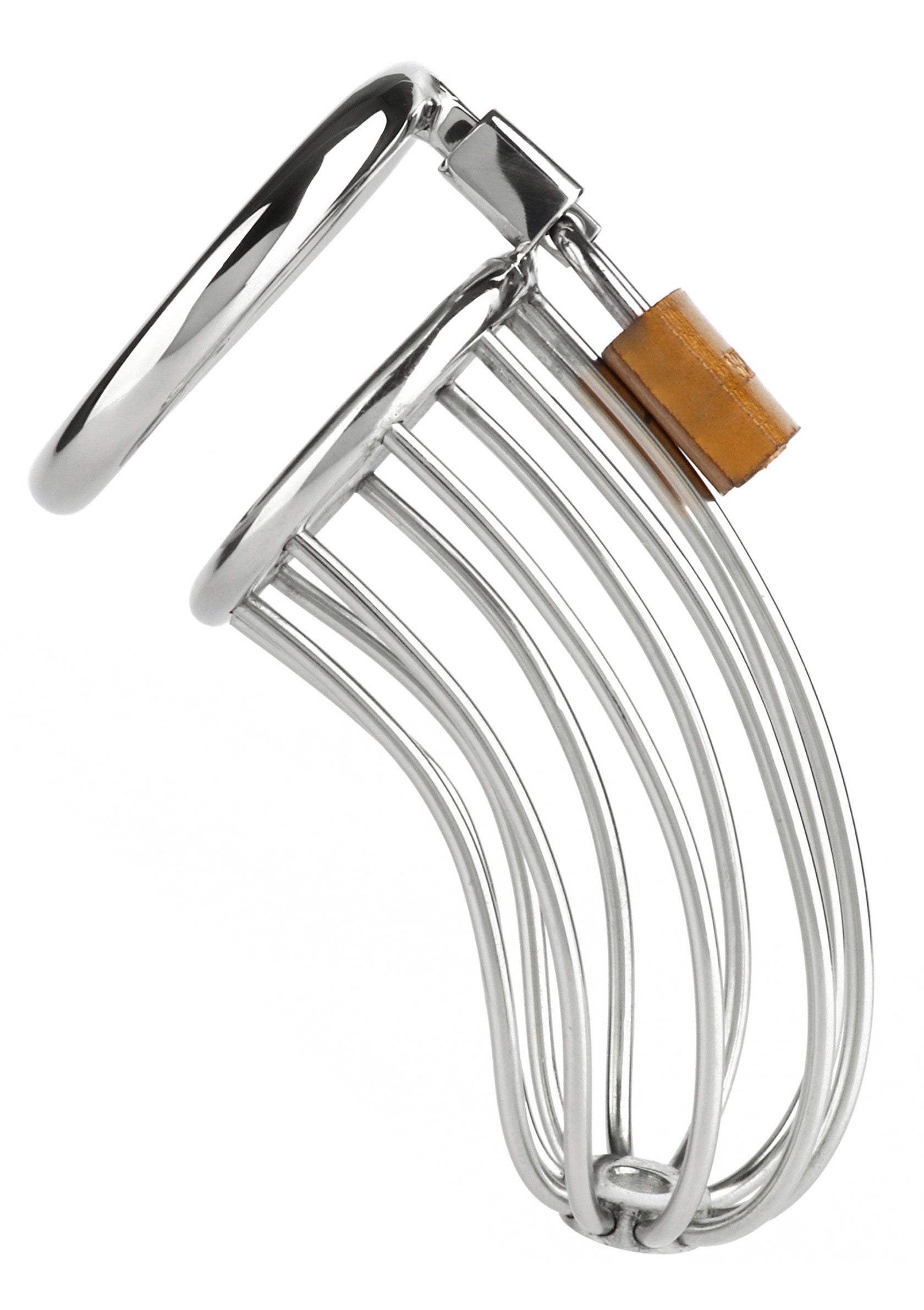 Ceinture de chasteté masculine en acier inoxydable, verrouillée pour la sécurité.; Roestvrijstalen mannelijke kuisheidsgordel, vergrendeld voor veiligheid.; Stainless steel male chastity device, locked for security.