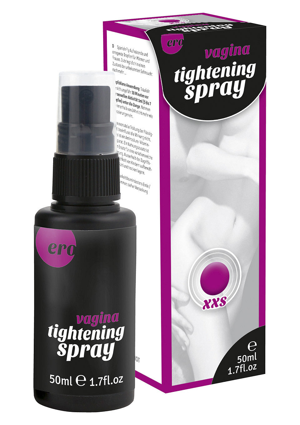 Spray vaginal rétrécissant ERO, 50 ml. Ressentez une sensation de fermeté accrue. Plaisir garanti!; ERO Vagina verstrakkende spray, 50 ml. Ervaar een verhoogd gevoel van stevigheid. Plezier gegarandeerd!; ERO vagina tightening spray, 50 ml. Experience an increased feeling of firmness. Pleasure guaranteed!