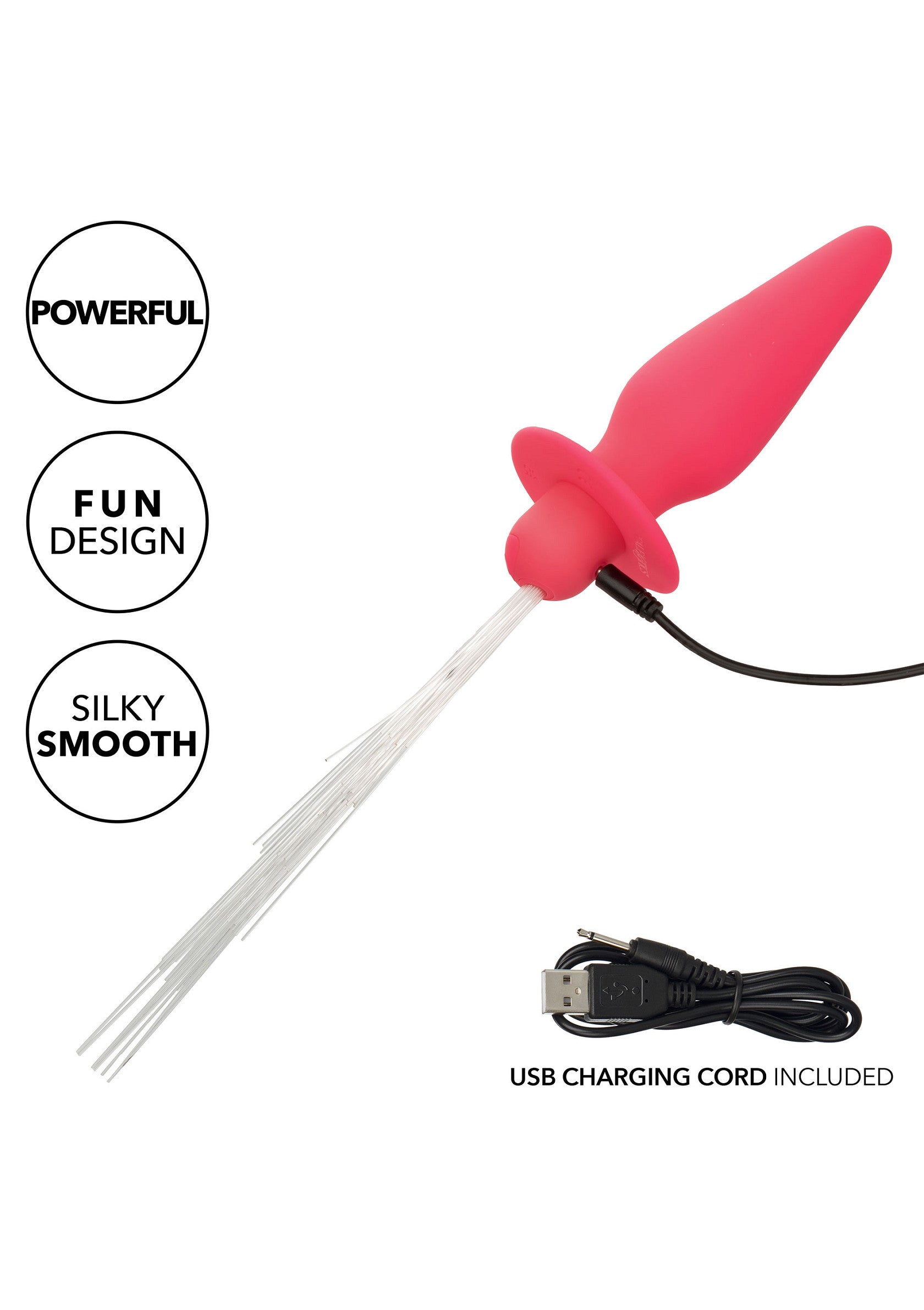 Plug anal rose avec fibres optiques et câble USB pour chargement. Design amusant et sensation soyeuse.; Roze anale plug met fiber optics en USB-oplaadkabel. Leuk design en zijdezacht gevoel.; Pink anal plug with fiber optics and USB charging cord. Fun design, silky smooth sensation.
