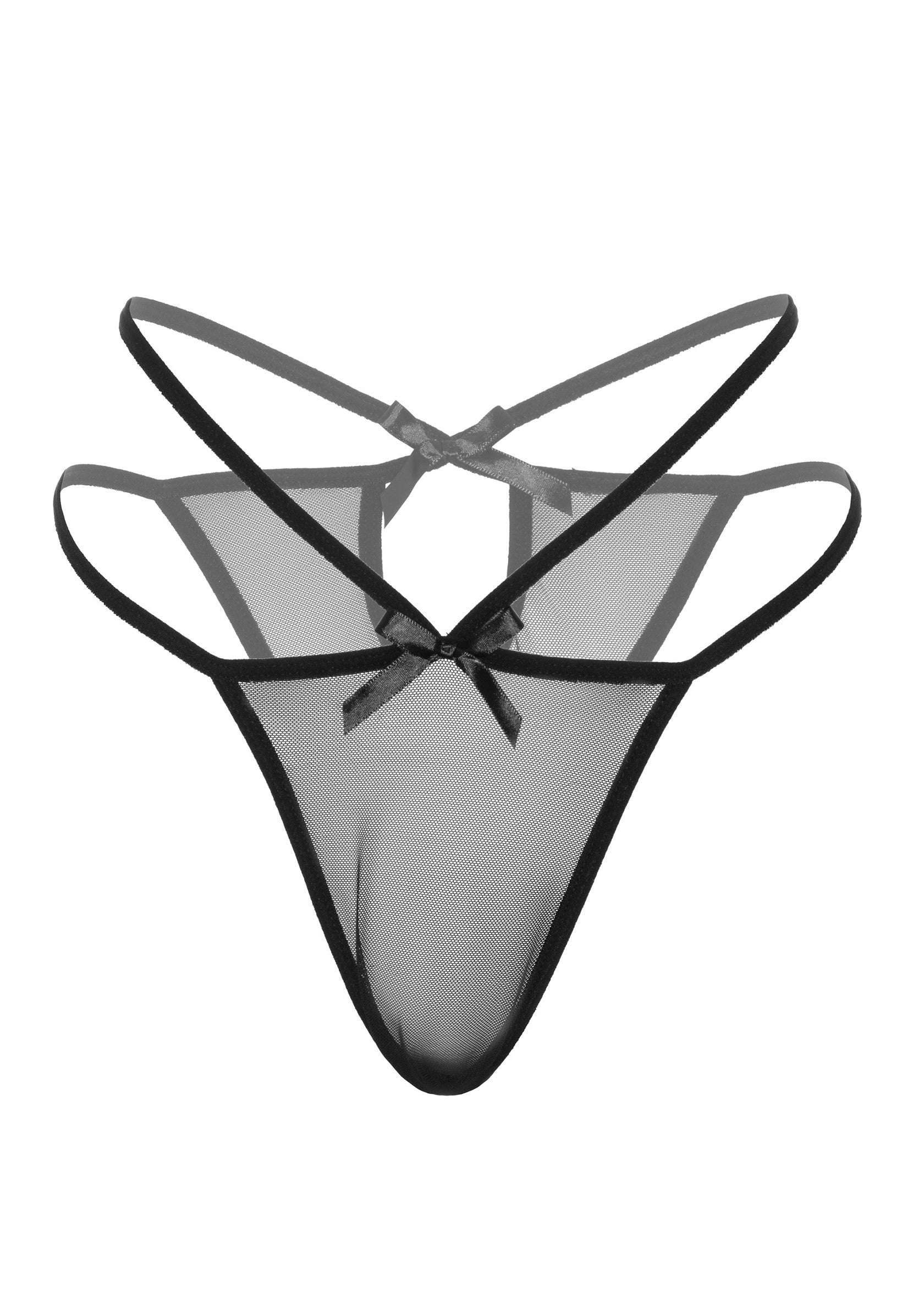 String noir en maille fine avec nœud décoratif. Lingerie séduisante et confortable.; Zwarte string van fijn mesh met decoratieve strik. Verleidelijk en comfortabel lingerie.; Black mesh thong with decorative bow. Seductive and comfortable lingerie.
