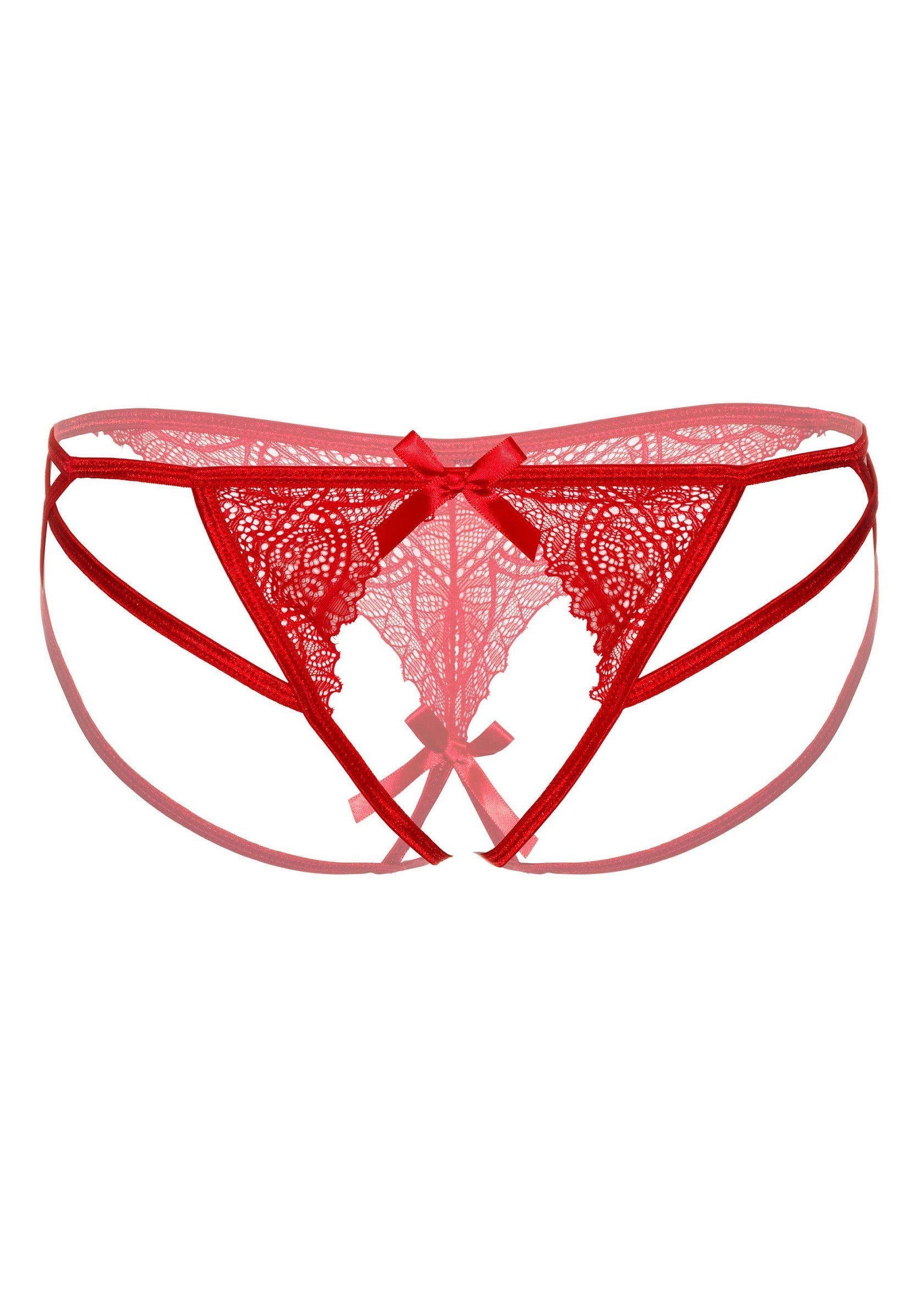 Culotte ouverte en dentelle rouge avec nœuds. Lingerie séduisante et confortable.; Open kruisje rode kanten slip met strikken. Verleidelijke en comfortabele lingerie.; Open crotch red lace panty with bows. Seductive and comfortable lingerie.