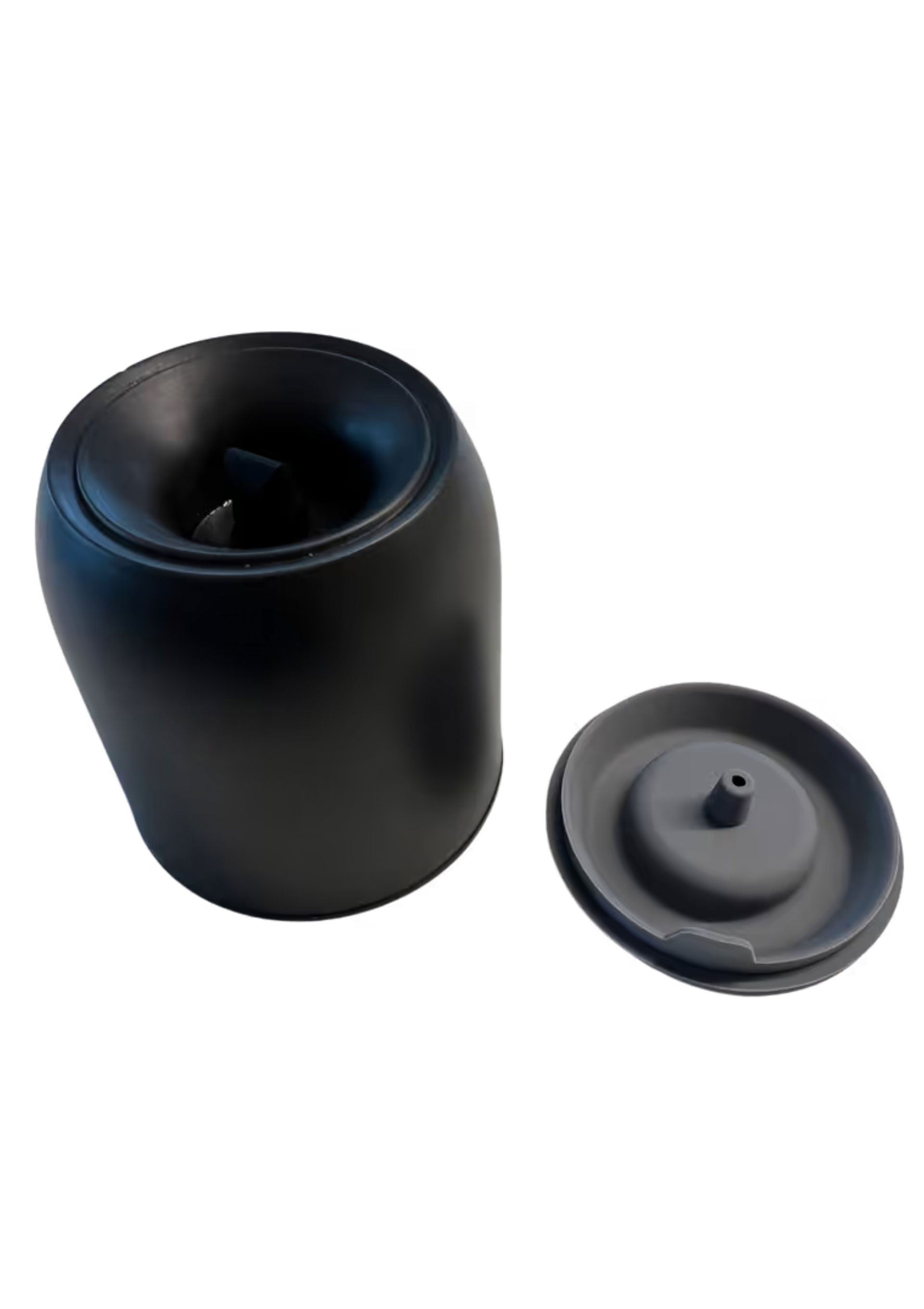 Pot à ustensiles noir avec couvercle gris pour cuisine ou salle de bain.; Zwarte gereedschapsbus met grijze deksel voor keuken of badkamer.; Black utensil holder with gray lid for kitchen or bathroom.