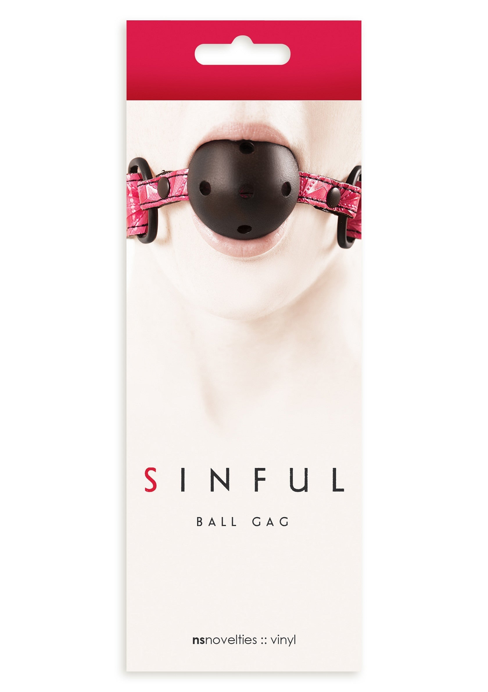 Bâillon boule Sinful. Accessoire coquin en vinyle pour les jeux de rôle et le plaisir consenti.; Sinful ball gag. Vinyl bondage accessoire voor rollenspel en consentuele lol.; Sinful ball gag. Vinyl bondage accessory for role play and consensual fun.